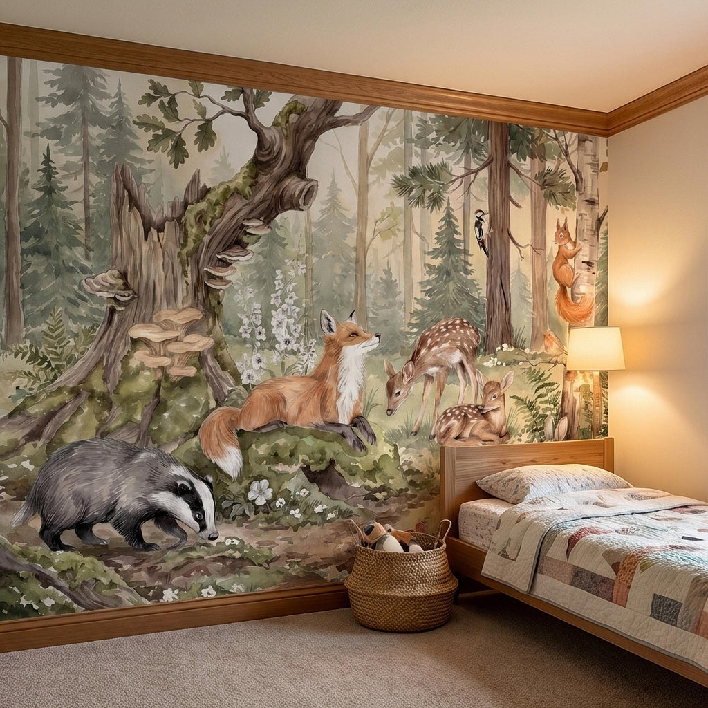 Woodland Animals Peel and Stick Wall Mural, Watercolor Fox Deer Rabbits Squirrel Forest Scene, Neutral Sage Green Whimsical Kids Wallpaper