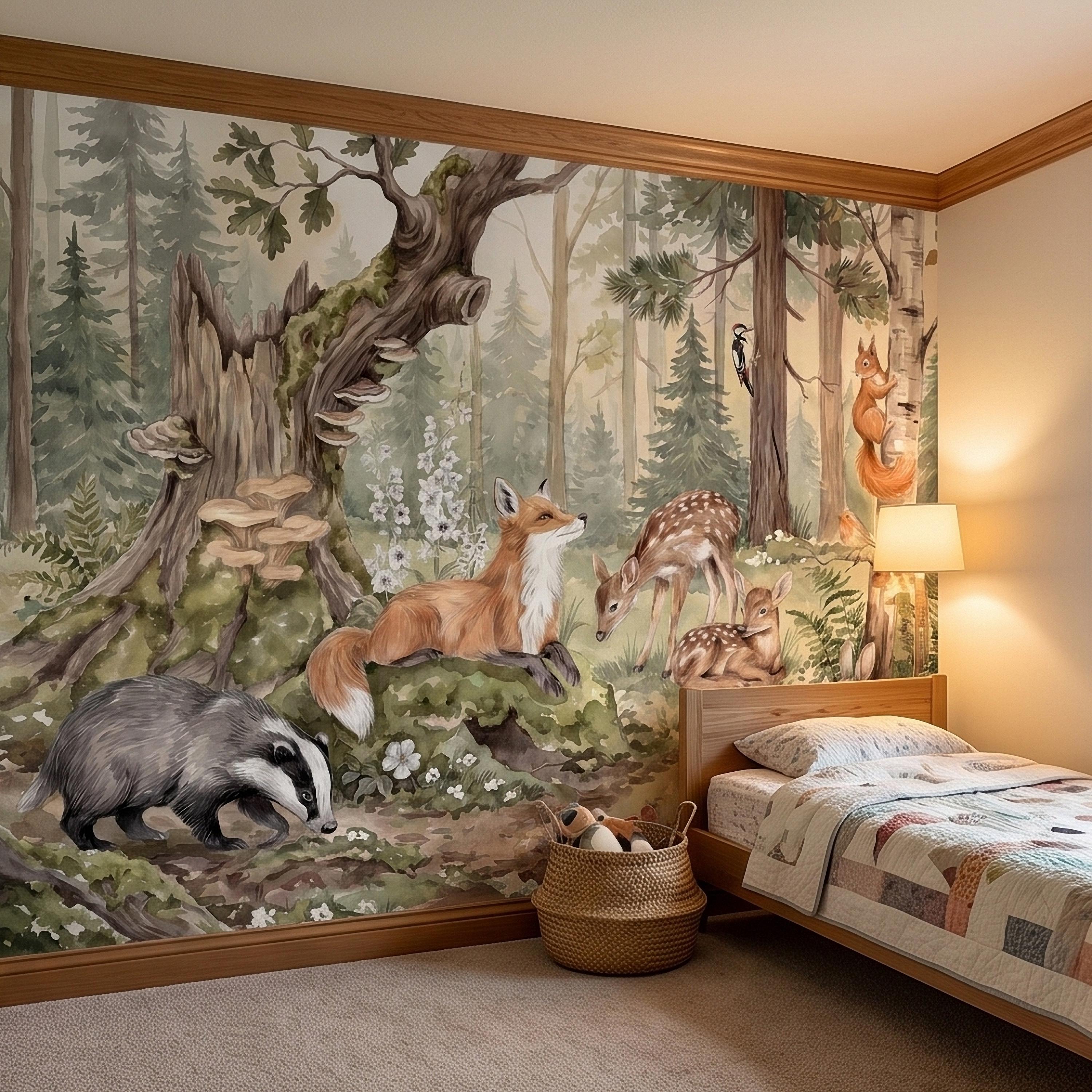 Woodland Animals Peel and Stick Wall Mural, Watercolor Fox Deer Rabbits Squirrel Forest Scene, Neutral Sage Green Whimsical Kids Wallpaper