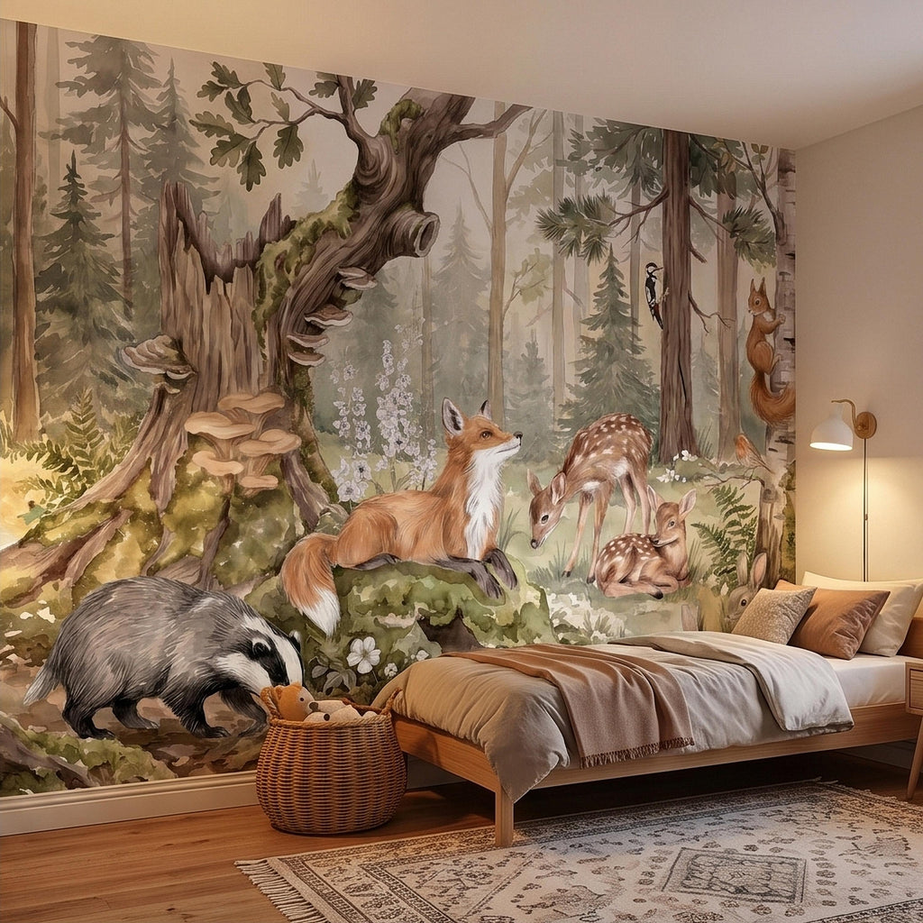 Woodland Animals Peel and Stick Wall Mural, Watercolor Fox Deer Rabbits Squirrel Forest Scene, Neutral Sage Green Whimsical Kids Wallpaper