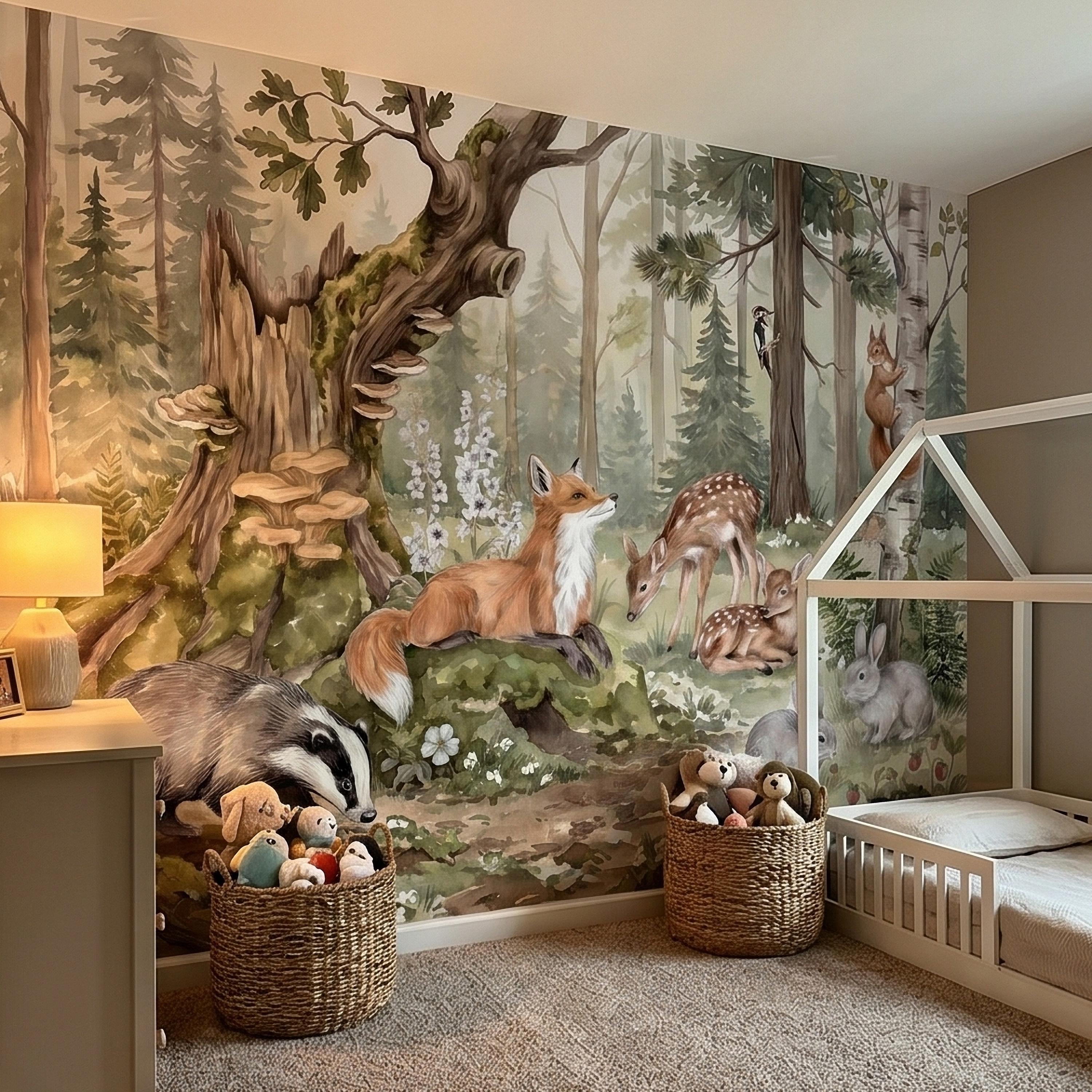 Woodland Animals Peel and Stick Wall Mural, Watercolor Fox Deer Rabbits Squirrel Forest Scene, Neutral Sage Green Whimsical Kids Wallpaper