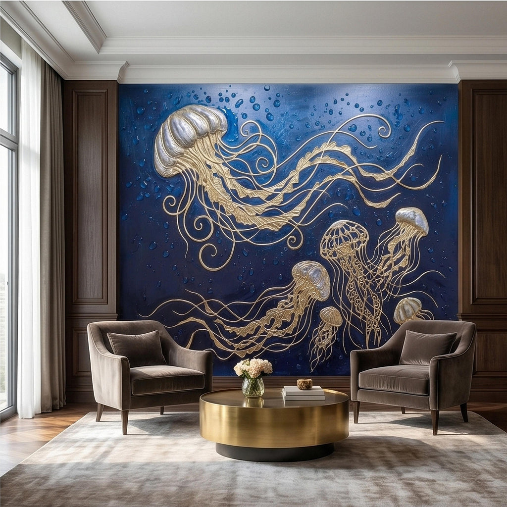 Golden Jellyfish Peel and Stick Wall Mural, Deep Midnight Blue Ocean Water Droplets Underwater Sea Life Art Deco Line Art Nautical Wallpaper