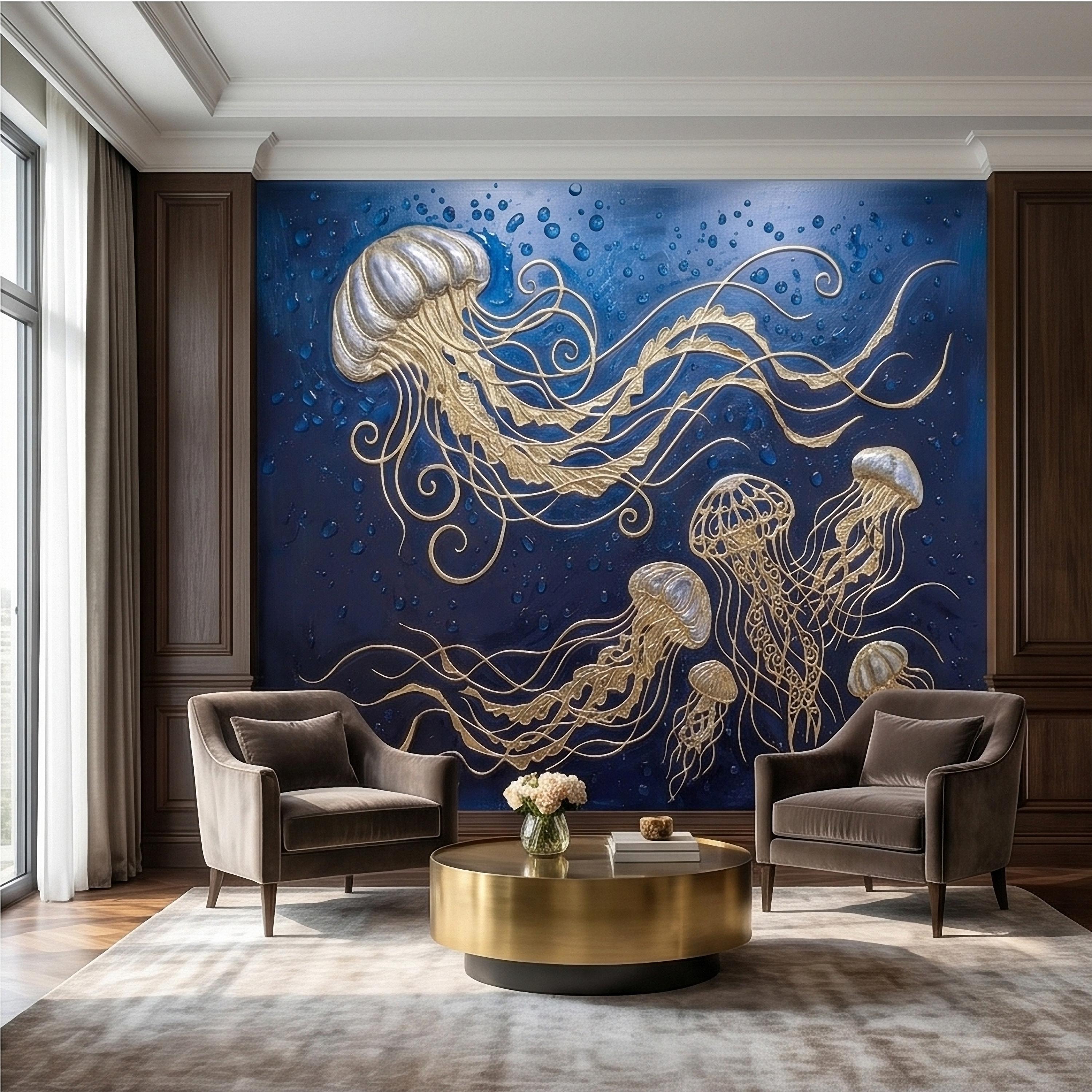 Golden Jellyfish Peel and Stick Wall Mural, Deep Midnight Blue Ocean Water Droplets Underwater Sea Life Art Deco Line Art Nautical Wallpaper