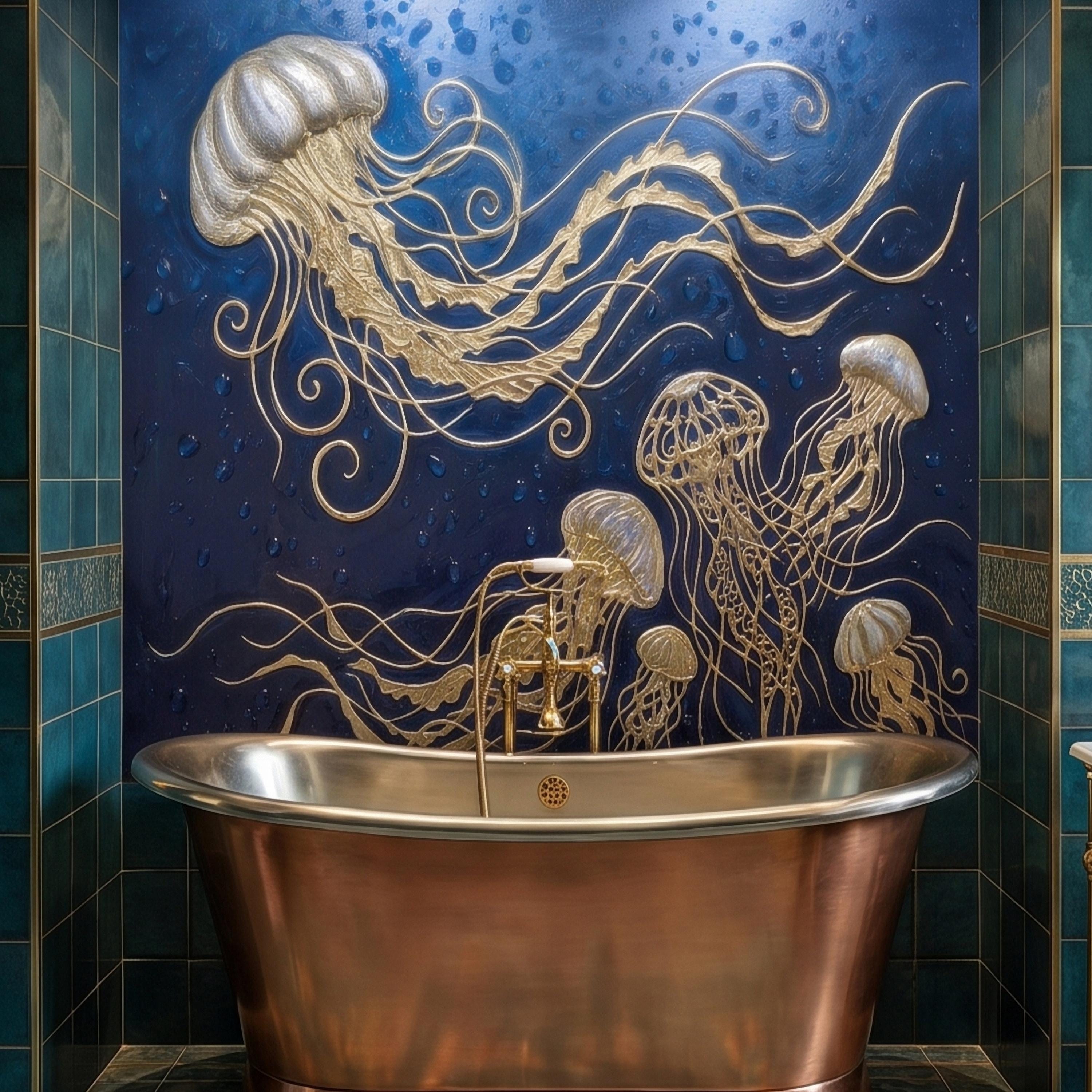 Golden Jellyfish Peel and Stick Wall Mural, Deep Midnight Blue Ocean Water Droplets Underwater Sea Life Art Deco Line Art Nautical Wallpaper
