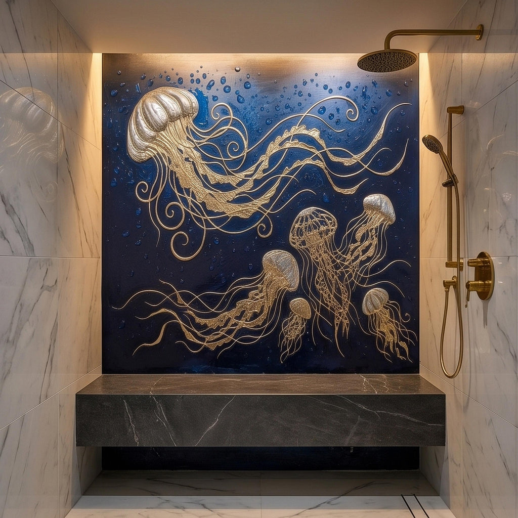 Golden Jellyfish Peel and Stick Wall Mural, Deep Midnight Blue Ocean Water Droplets Underwater Sea Life Art Deco Line Art Nautical Wallpaper