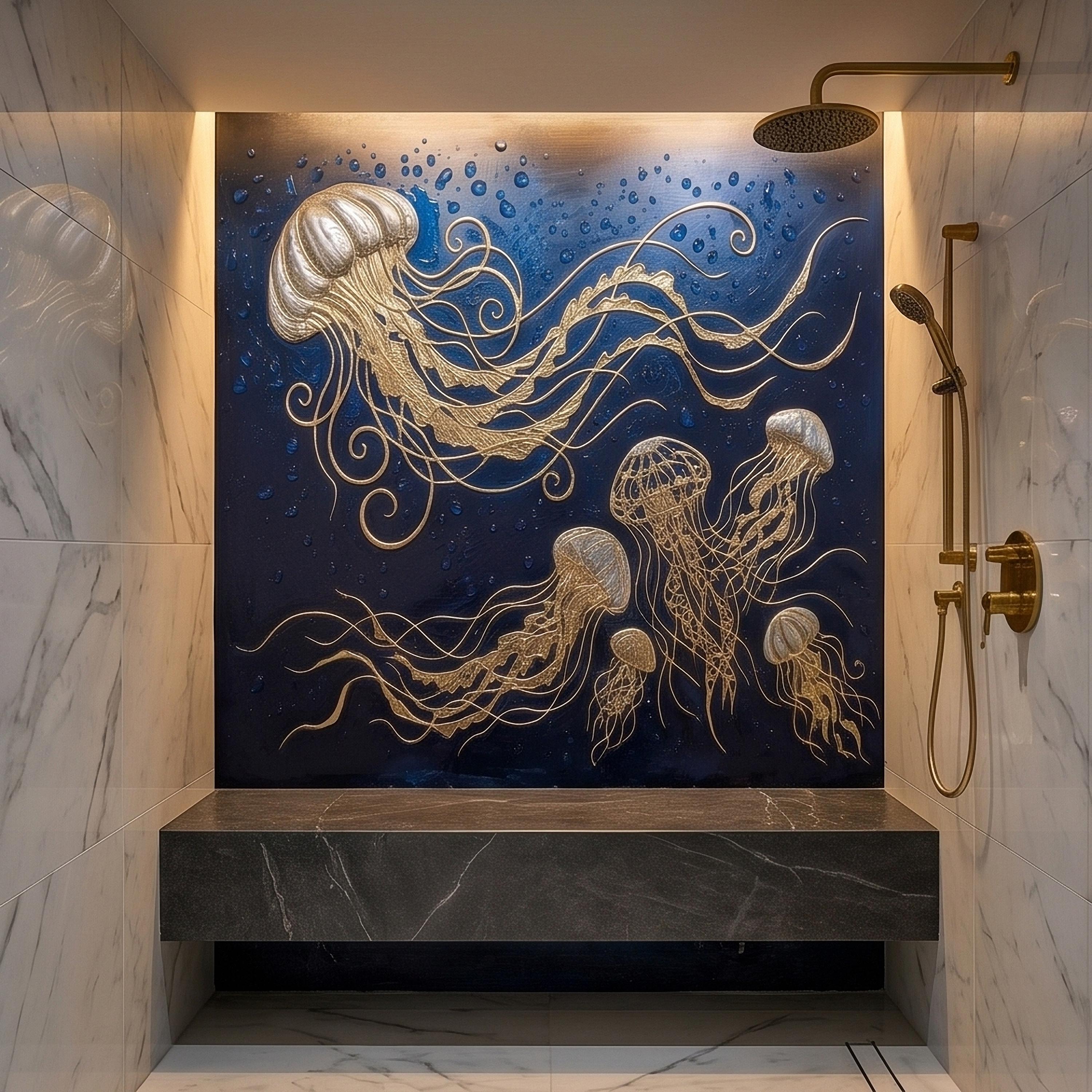 Golden Jellyfish Peel and Stick Wall Mural, Deep Midnight Blue Ocean Water Droplets Underwater Sea Life Art Deco Line Art Nautical Wallpaper