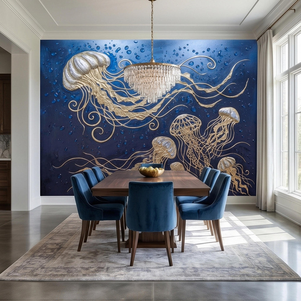 Golden Jellyfish Peel and Stick Wall Mural, Deep Midnight Blue Ocean Water Droplets Underwater Sea Life Art Deco Line Art Nautical Wallpaper