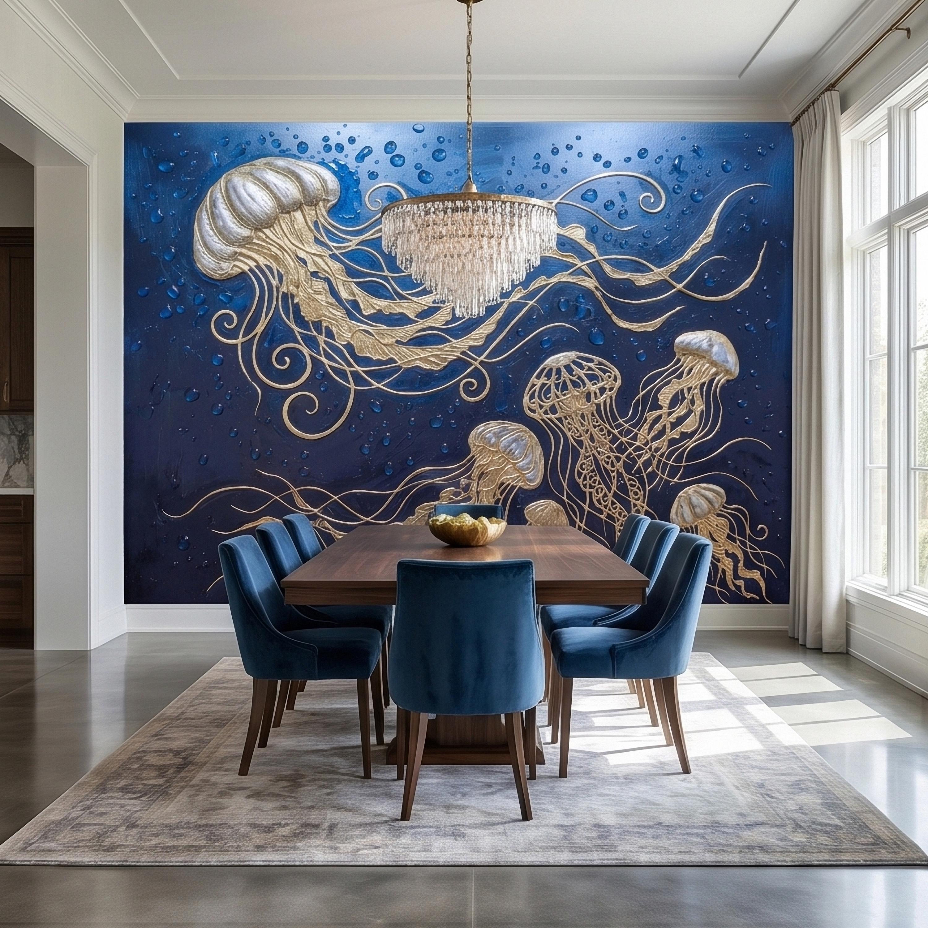 Golden Jellyfish Peel and Stick Wall Mural, Deep Midnight Blue Ocean Water Droplets Underwater Sea Life Art Deco Line Art Nautical Wallpaper