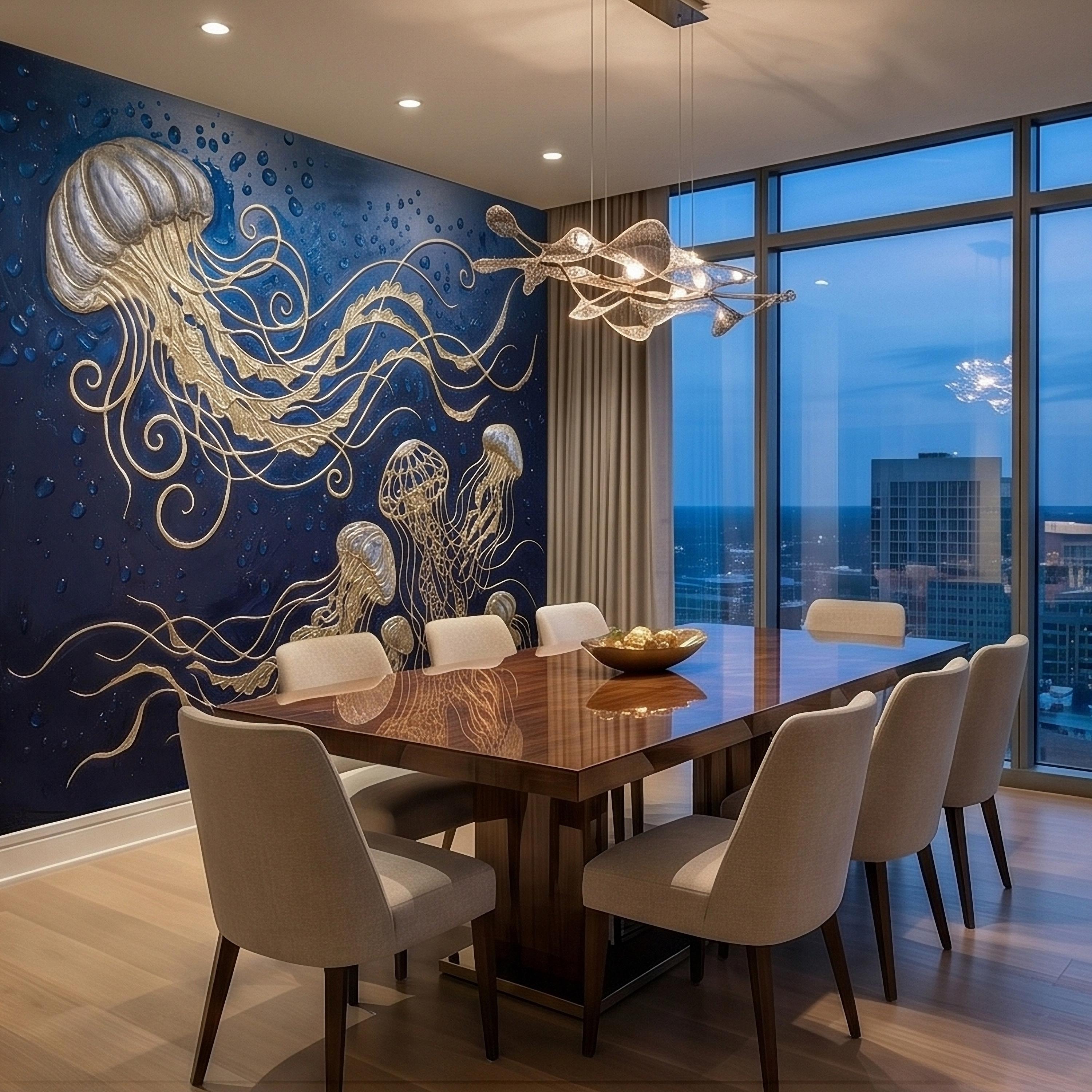Golden Jellyfish Peel and Stick Wall Mural, Deep Midnight Blue Ocean Water Droplets Underwater Sea Life Art Deco Line Art Nautical Wallpaper