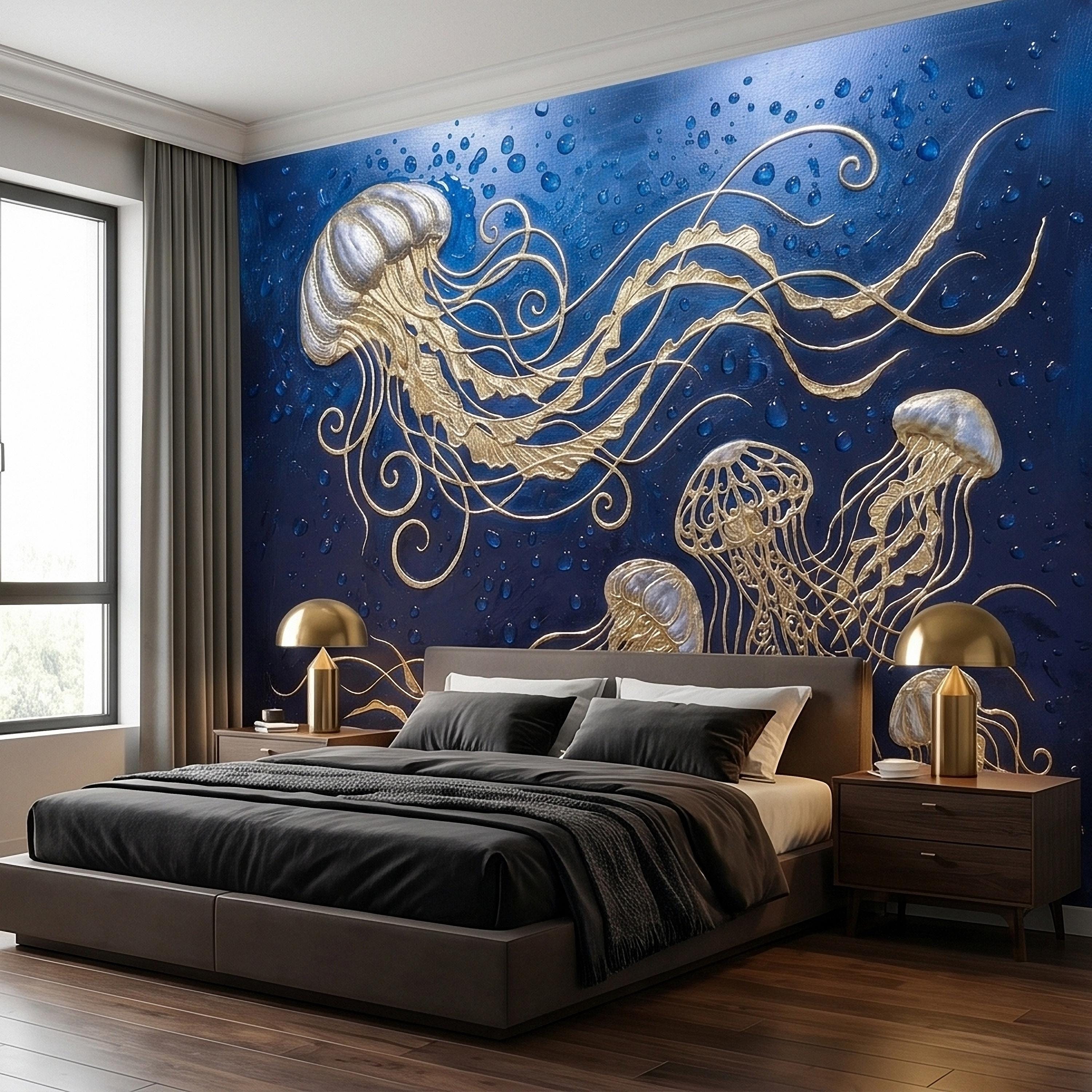 Golden Jellyfish Peel and Stick Wall Mural, Deep Midnight Blue Ocean Water Droplets Underwater Sea Life Art Deco Line Art Nautical Wallpaper