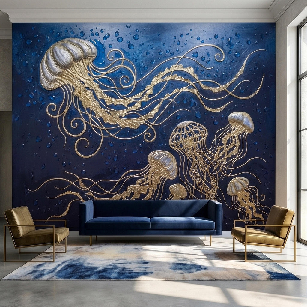 Golden Jellyfish Peel and Stick Wall Mural, Deep Midnight Blue Ocean Water Droplets Underwater Sea Life Art Deco Line Art Nautical Wallpaper