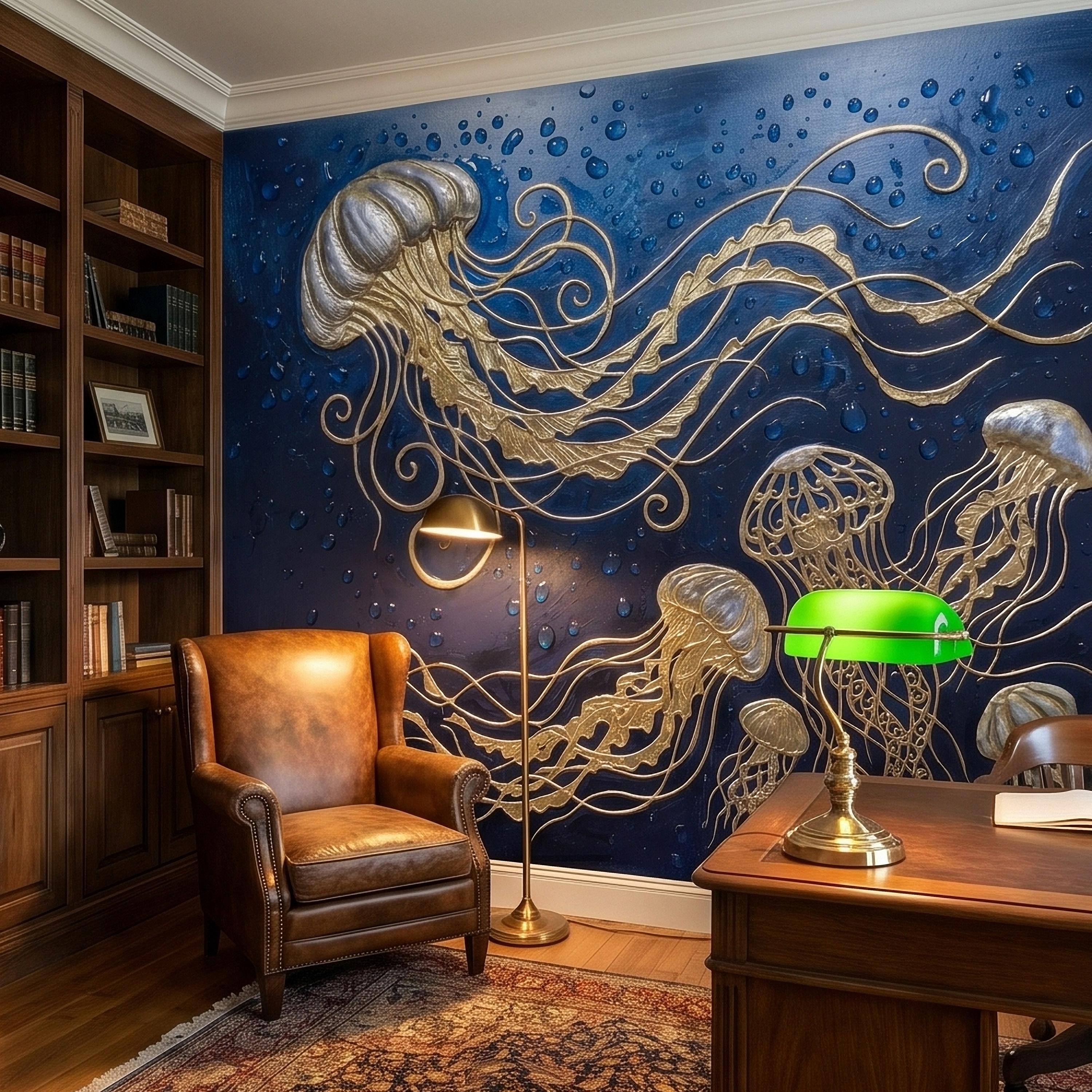 Golden Jellyfish Peel and Stick Wall Mural, Deep Midnight Blue Ocean Water Droplets Underwater Sea Life Art Deco Line Art Nautical Wallpaper