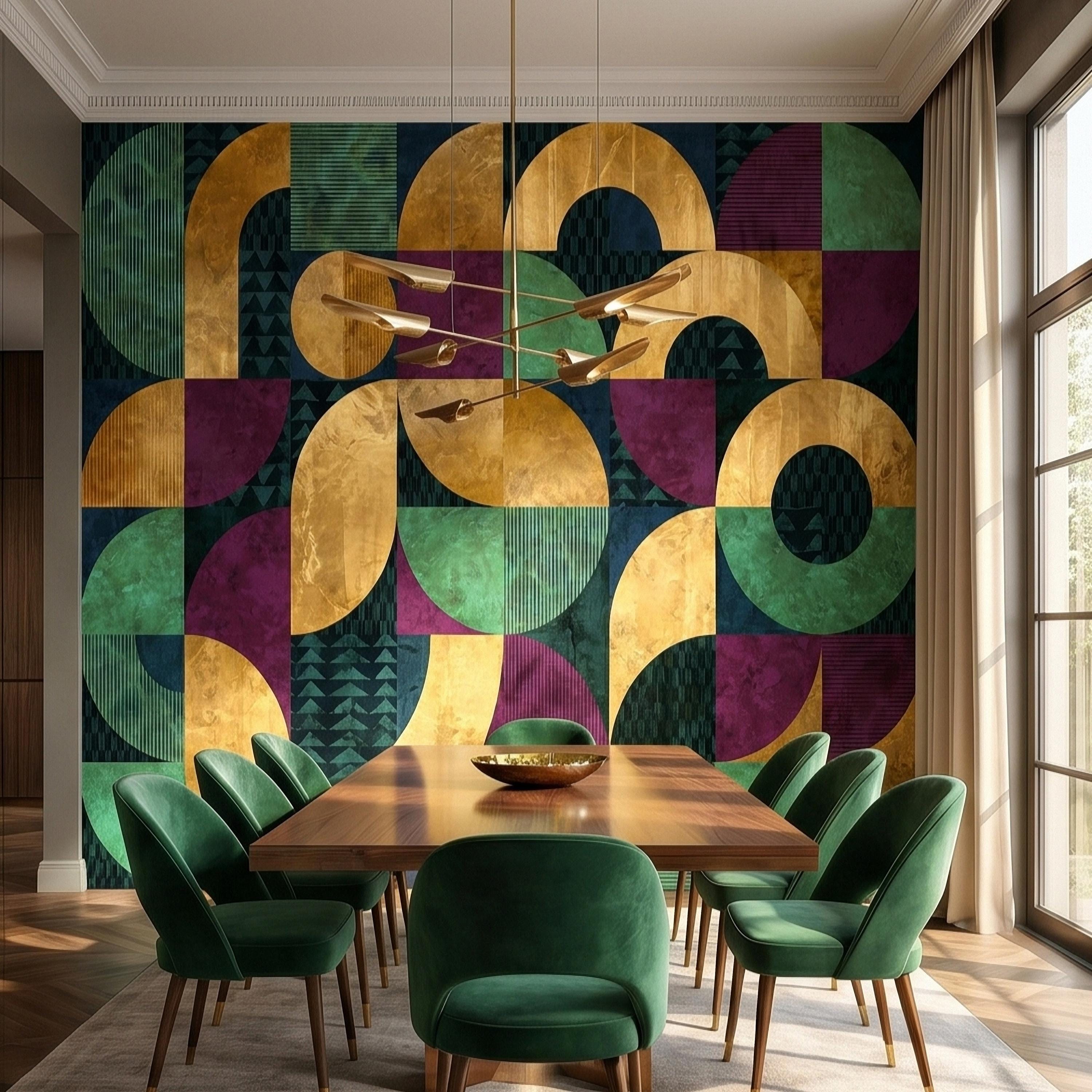 Mid Century Modern Geometric Peel and Stick Wall Mural, Bauhaus Abstract Arches and Circles, Retro Color Block Mosaic Pattern Wallpaper