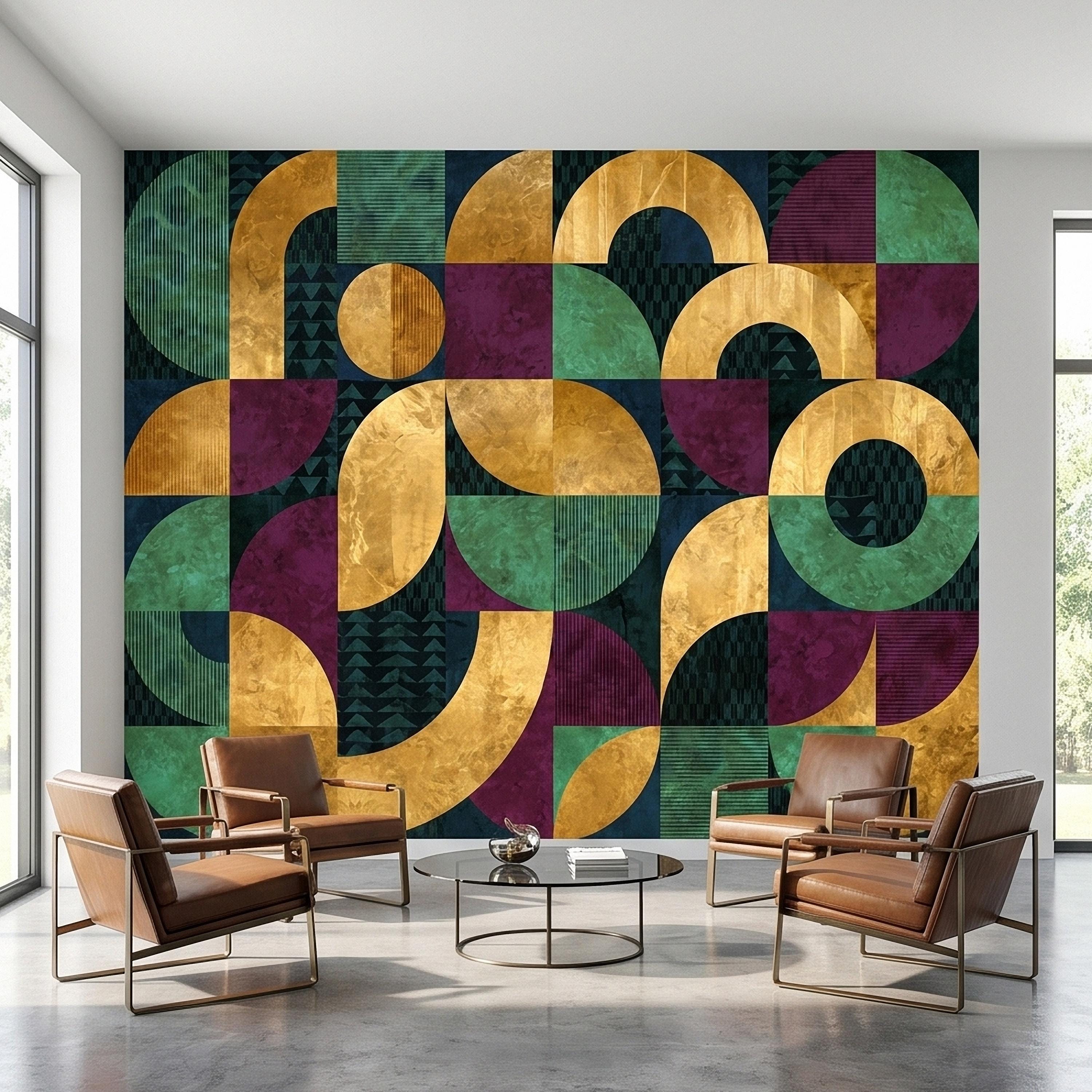 Mid Century Modern Geometric Peel and Stick Wall Mural, Bauhaus Abstract Arches and Circles, Retro Color Block Mosaic Pattern Wallpaper