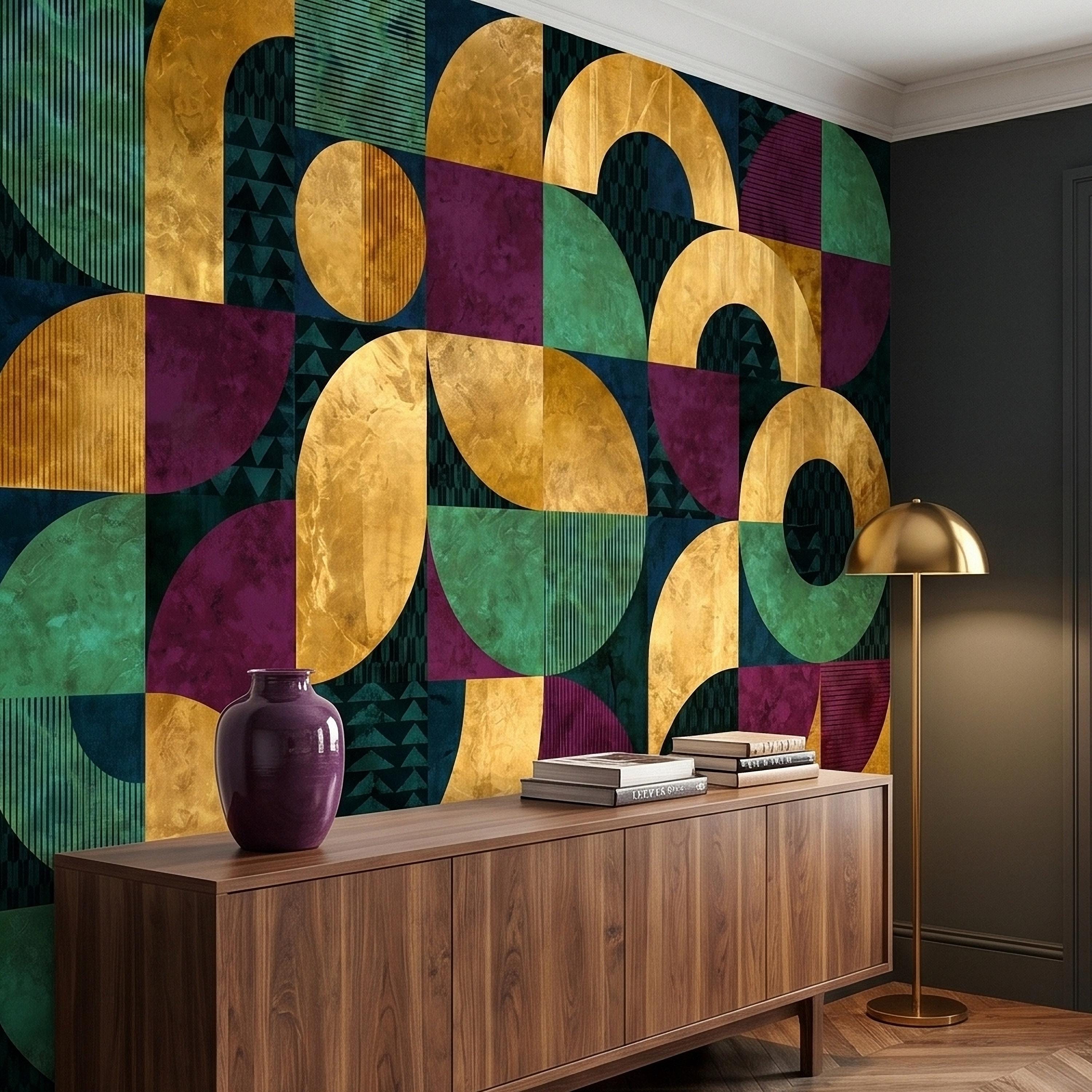 Mid Century Modern Geometric Peel and Stick Wall Mural, Bauhaus Abstract Arches and Circles, Retro Color Block Mosaic Pattern Wallpaper