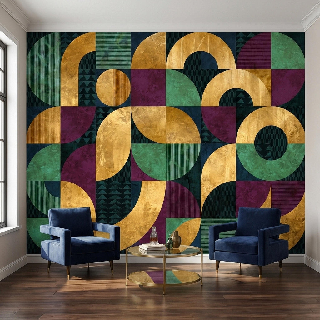 Mid Century Modern Geometric Peel and Stick Wall Mural, Bauhaus Abstract Arches and Circles, Retro Color Block Mosaic Pattern Wallpaper