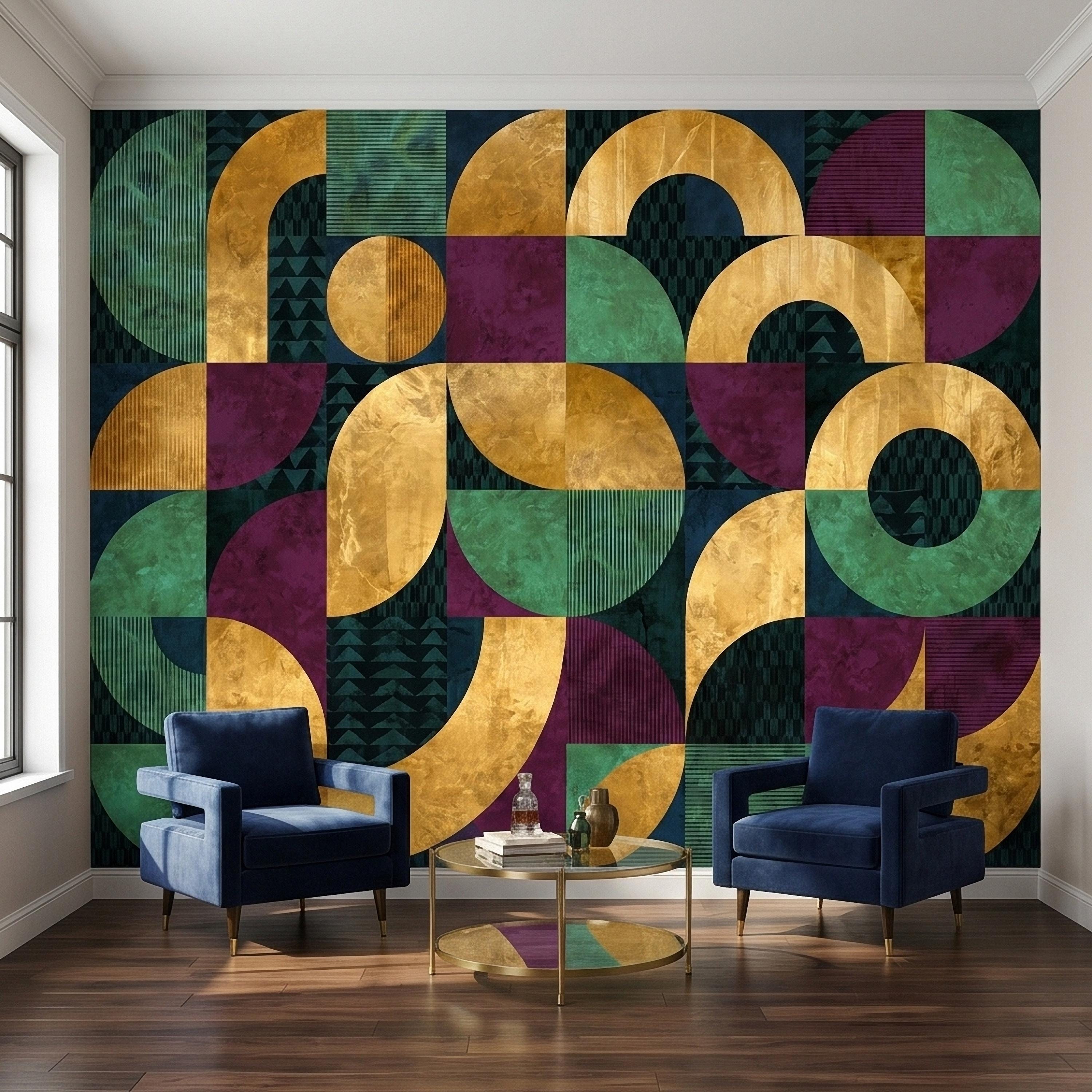 Mid Century Modern Geometric Peel and Stick Wall Mural, Bauhaus Abstract Arches and Circles, Retro Color Block Mosaic Pattern Wallpaper