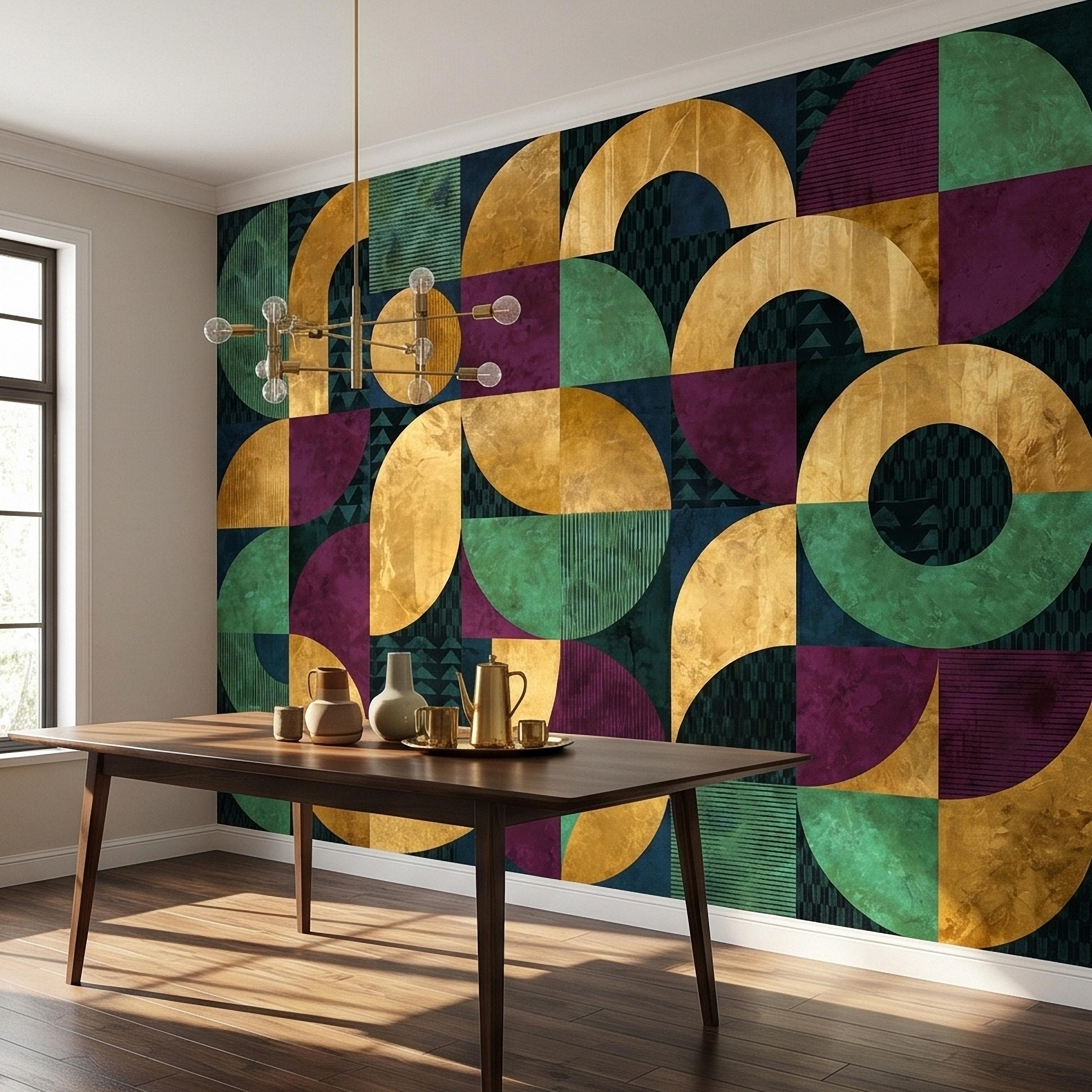 Mid Century Modern Geometric Peel and Stick Wall Mural, Bauhaus Abstract Arches and Circles, Retro Color Block Mosaic Pattern Wallpaper
