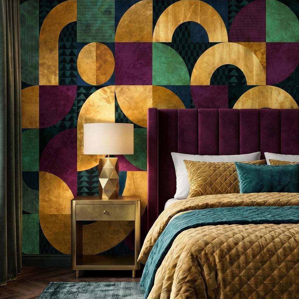 Mid Century Modern Geometric Peel and Stick Wall Mural, Bauhaus Abstract Arches and Circles, Retro Color Block Mosaic Pattern Wallpaper