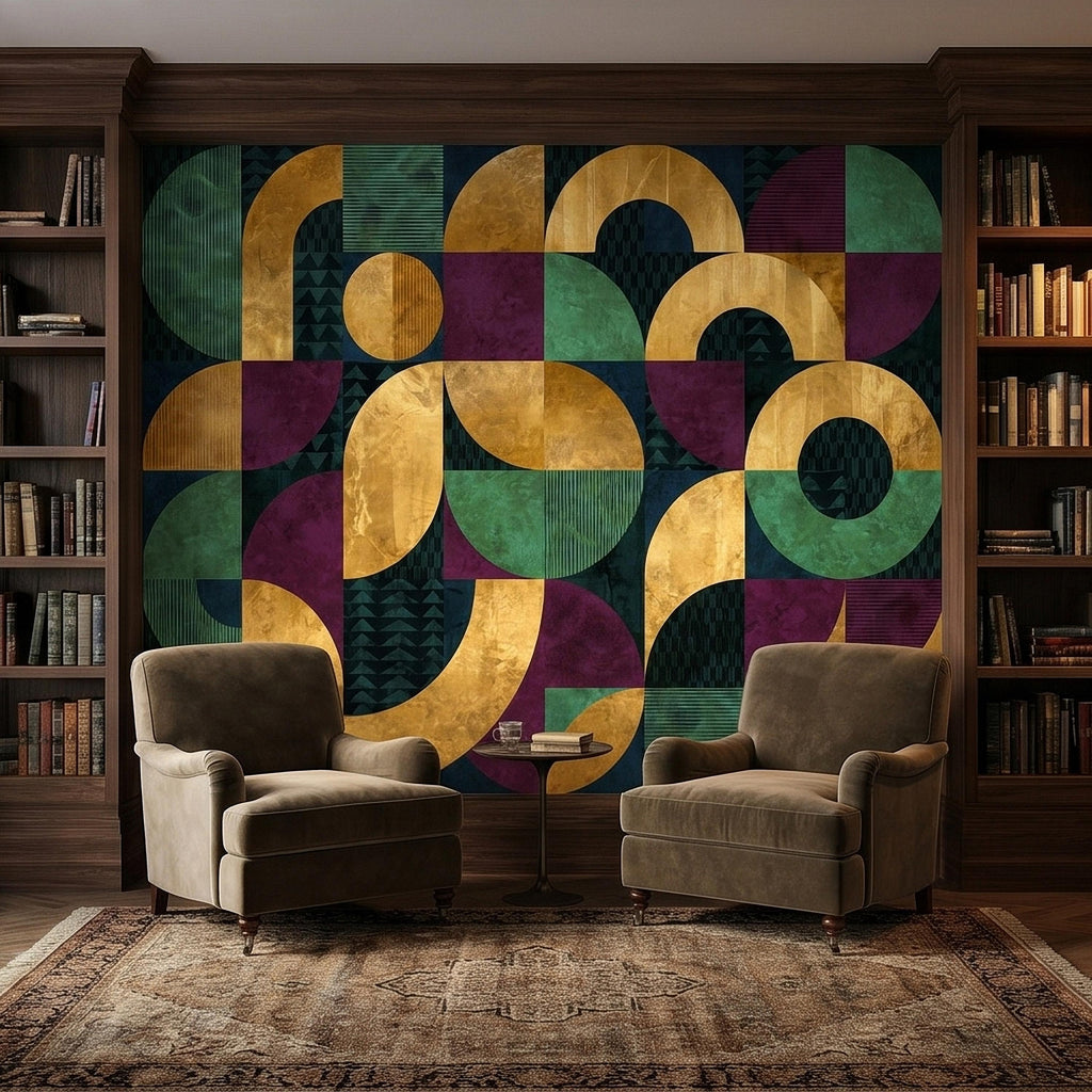 Mid Century Modern Geometric Peel and Stick Wall Mural, Bauhaus Abstract Arches and Circles, Retro Color Block Mosaic Pattern Wallpaper