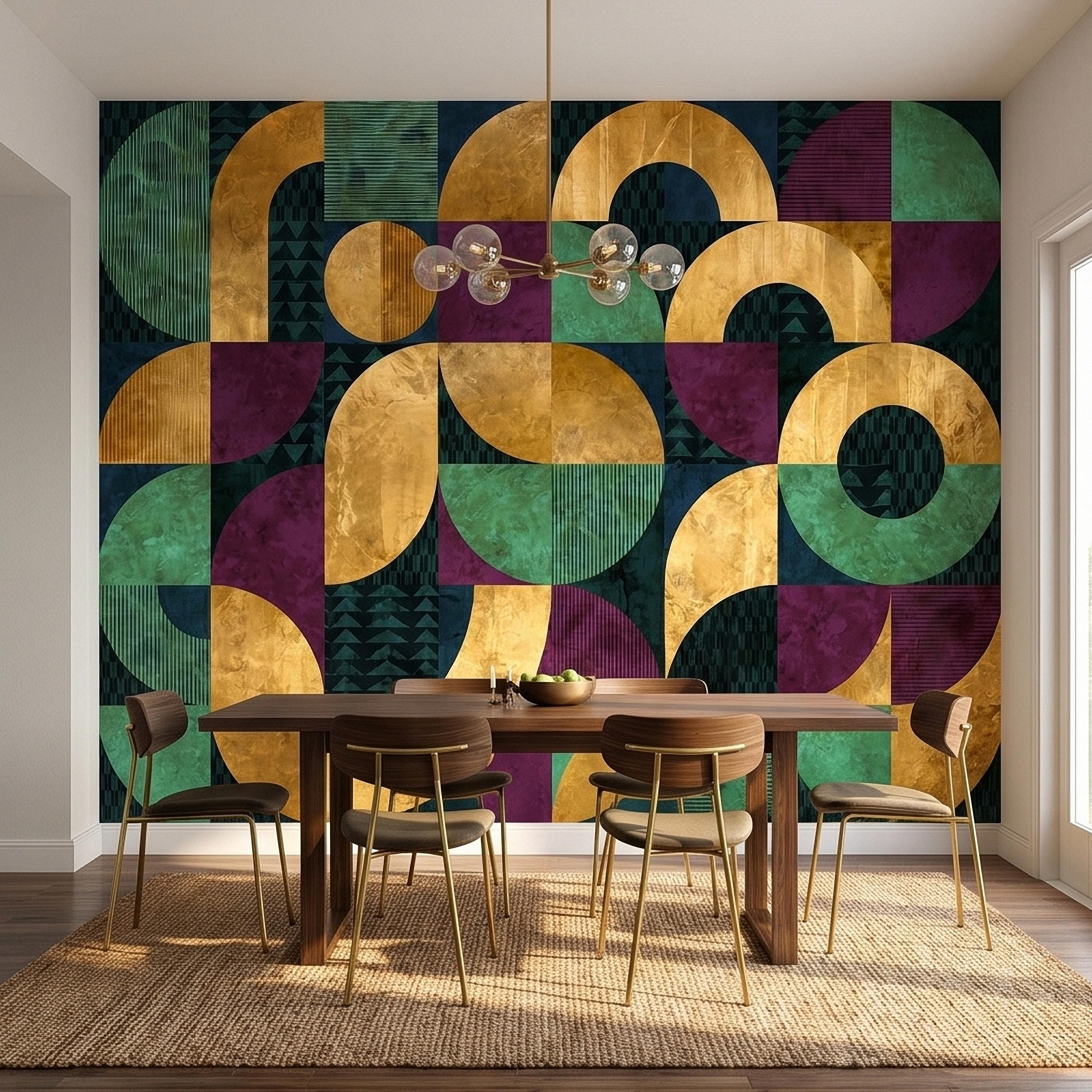 Mid Century Modern Geometric Peel and Stick Wall Mural, Bauhaus Abstract Arches and Circles, Retro Color Block Mosaic Pattern Wallpaper