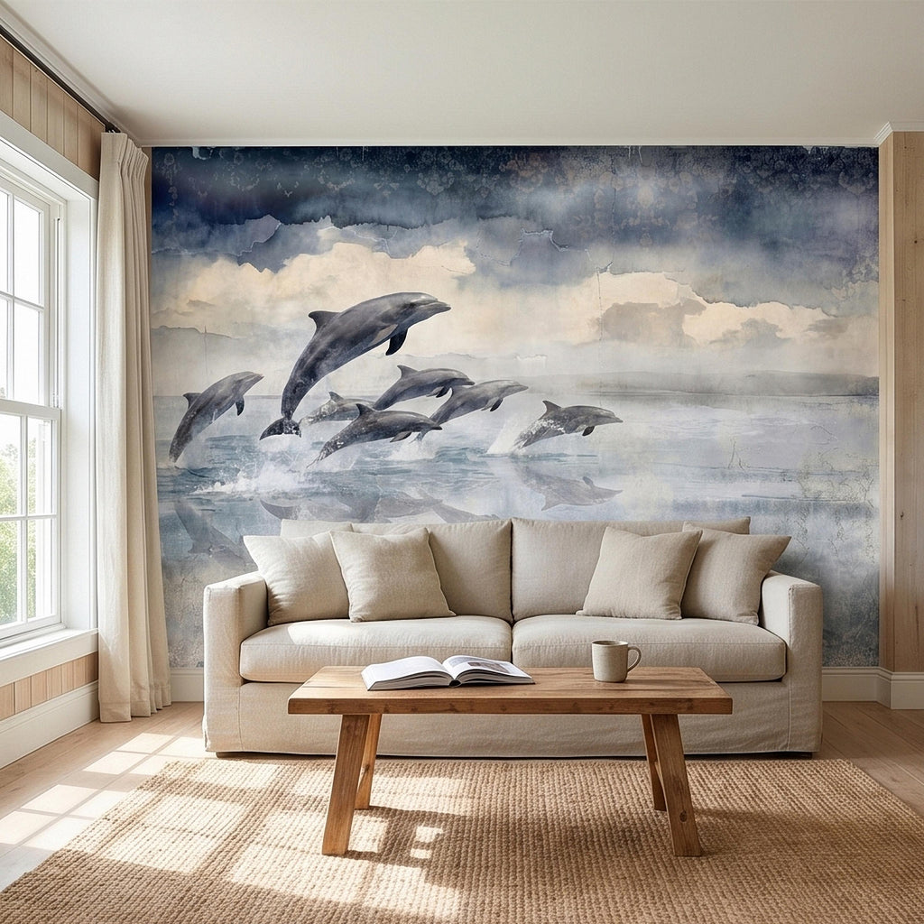 Watercolor Dolphins Ocean Peel and Stick Wall Mural, Blue Gray Seascape Coastal Nautical Sea Life, Misty Dreamy Clouds Ocean Waves Wallpaper