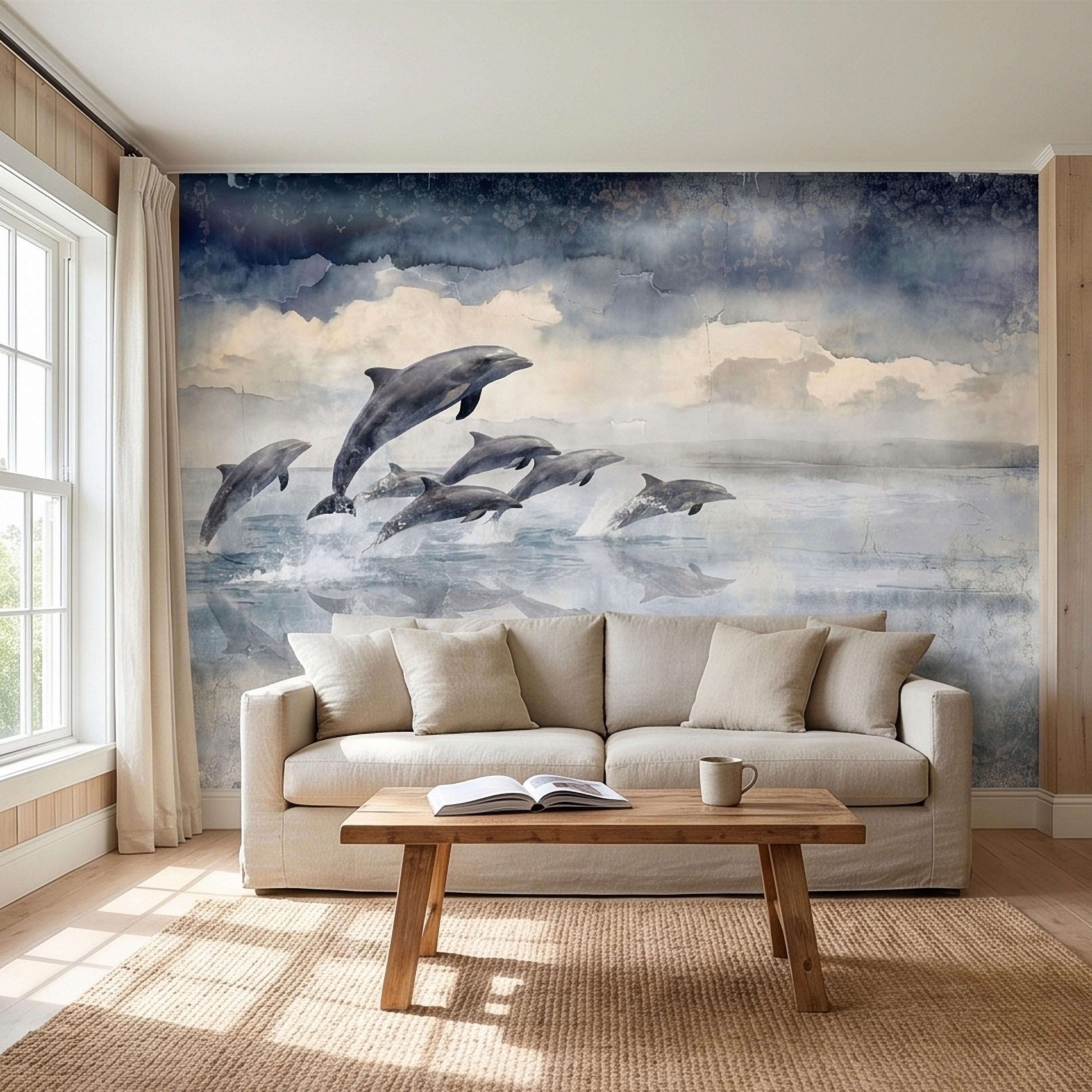 Watercolor Dolphins Ocean Peel and Stick Wall Mural, Blue Gray Seascape Coastal Nautical Sea Life, Misty Dreamy Clouds Ocean Waves Wallpaper