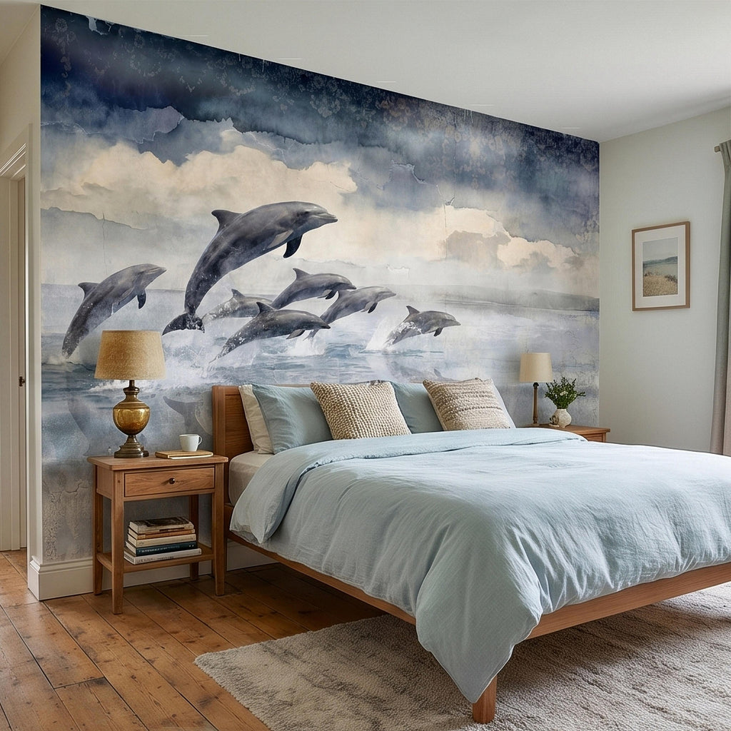 Watercolor Dolphins Ocean Peel and Stick Wall Mural, Blue Gray Seascape Coastal Nautical Sea Life, Misty Dreamy Clouds Ocean Waves Wallpaper