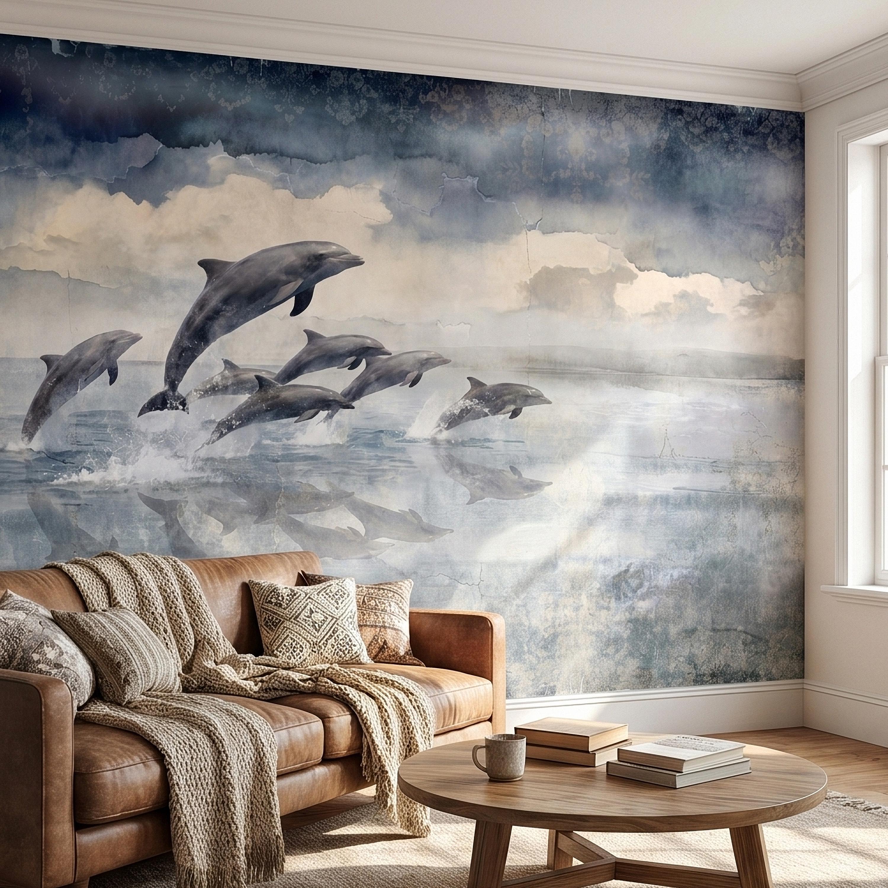 Watercolor Dolphins Ocean Peel and Stick Wall Mural, Blue Gray Seascape Coastal Nautical Sea Life, Misty Dreamy Clouds Ocean Waves Wallpaper