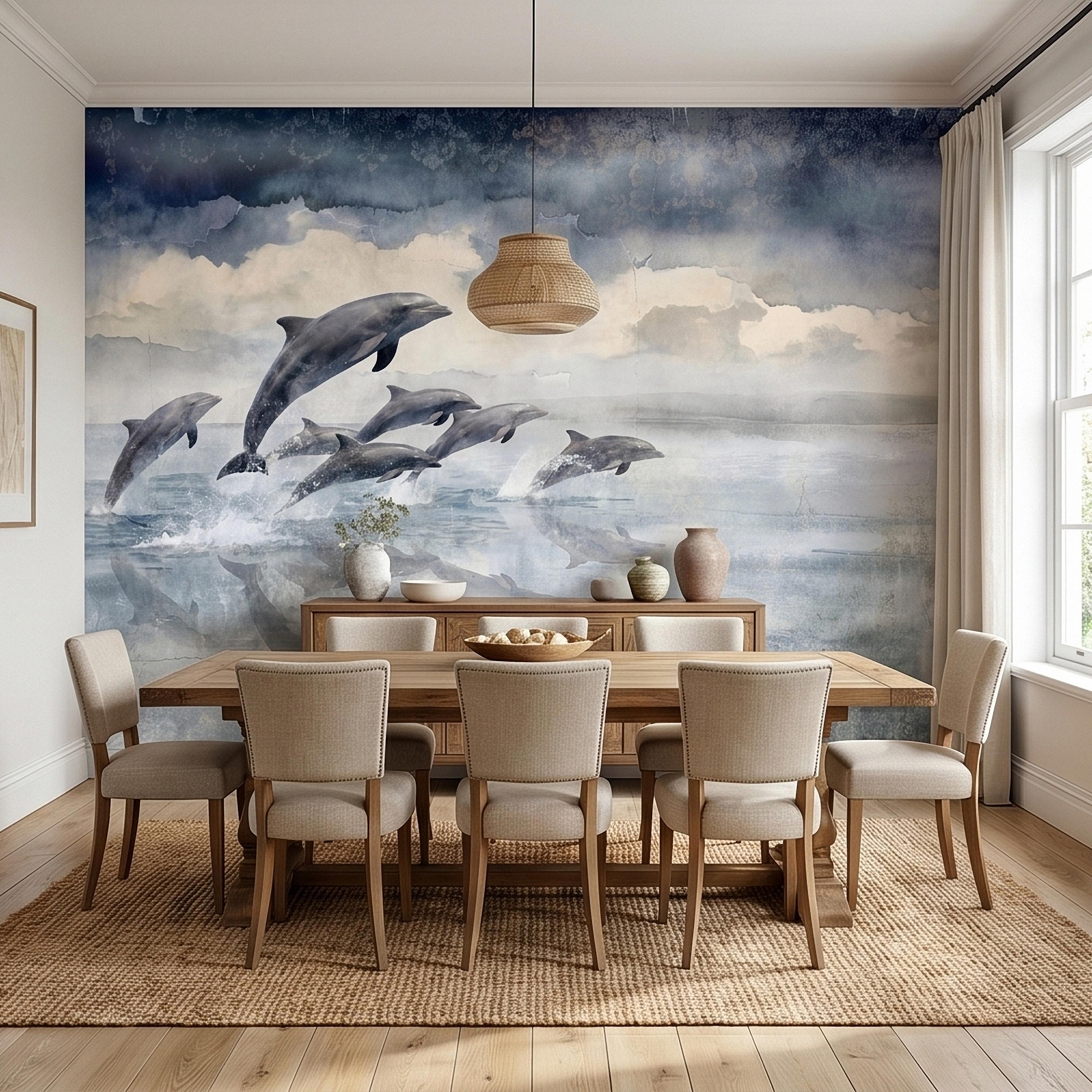 Watercolor Dolphins Ocean Peel and Stick Wall Mural, Blue Gray Seascape Coastal Nautical Sea Life, Misty Dreamy Clouds Ocean Waves Wallpaper