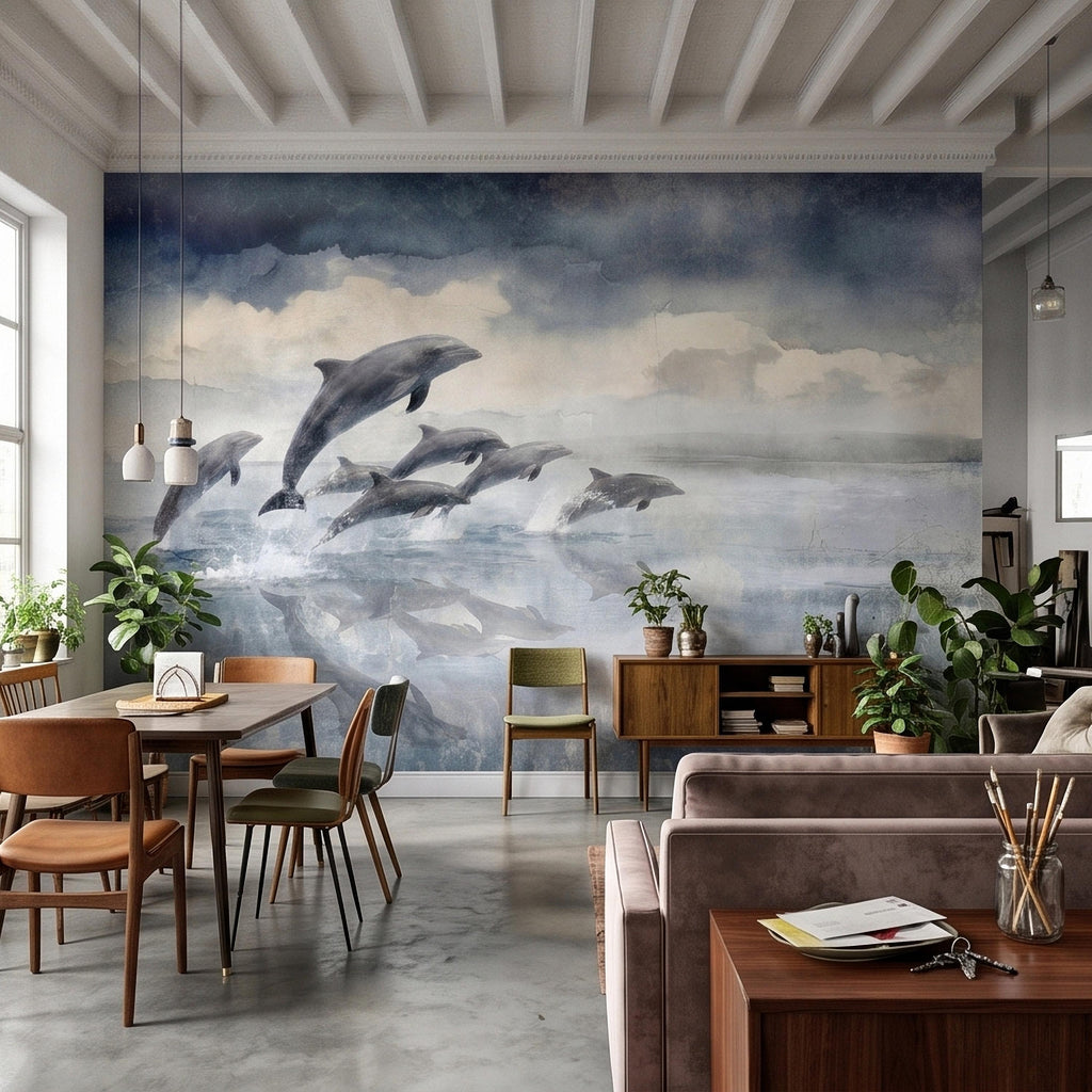 Watercolor Dolphins Ocean Peel and Stick Wall Mural, Blue Gray Seascape Coastal Nautical Sea Life, Misty Dreamy Clouds Ocean Waves Wallpaper