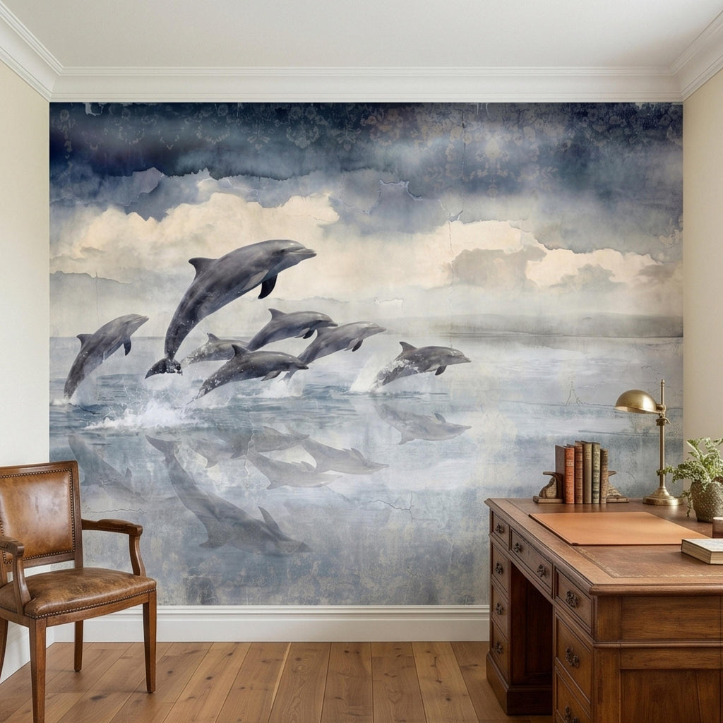 Watercolor Dolphins Ocean Peel and Stick Wall Mural, Blue Gray Seascape Coastal Nautical Sea Life, Misty Dreamy Clouds Ocean Waves Wallpaper