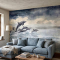 Watercolor Dolphins Ocean Peel and Stick Wall Mural, Blue Gray Seascape Coastal Nautical Sea Life, Misty Dreamy Clouds Ocean Waves Wallpaper
