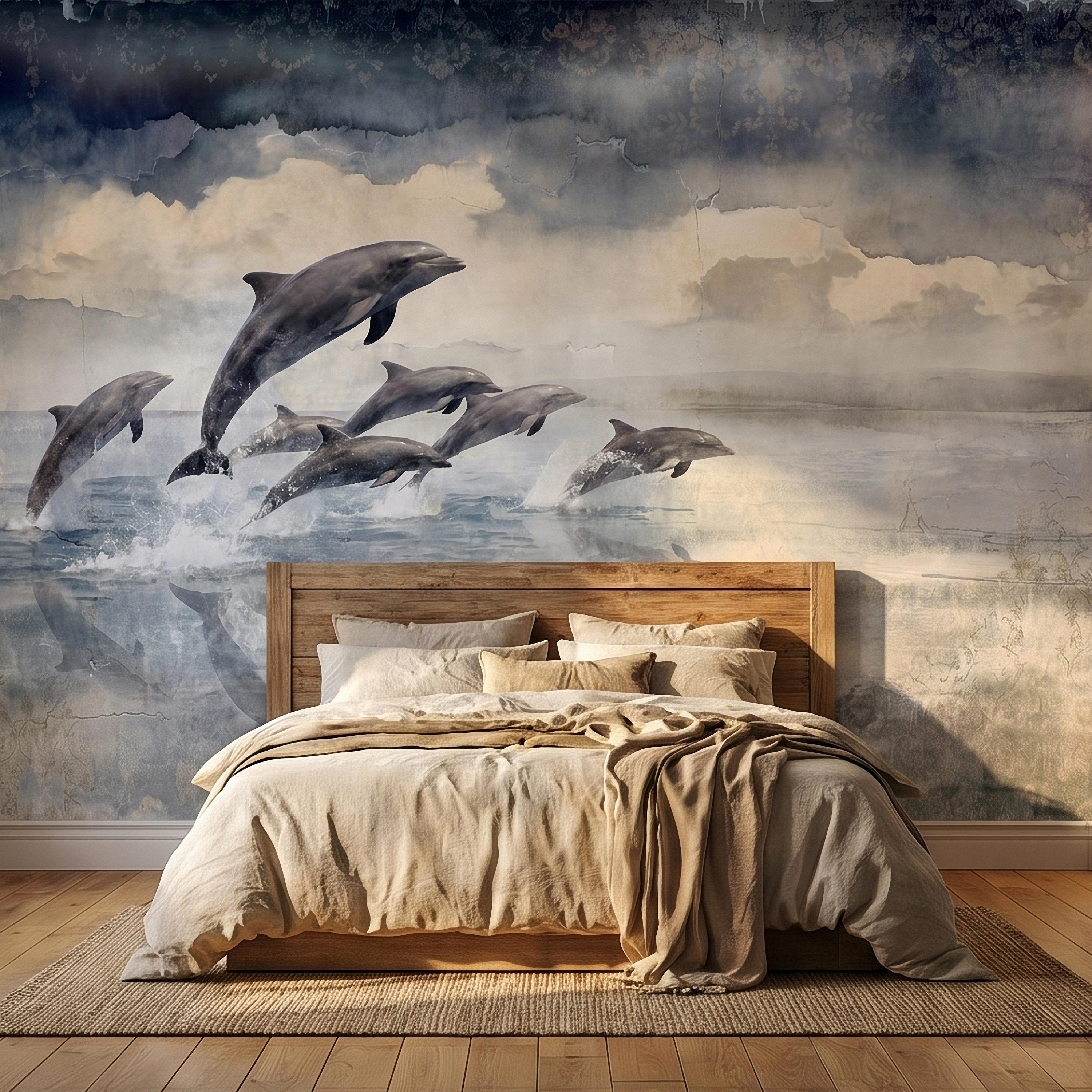 Watercolor Dolphins Ocean Peel and Stick Wall Mural, Blue Gray Seascape Coastal Nautical Sea Life, Misty Dreamy Clouds Ocean Waves Wallpaper
