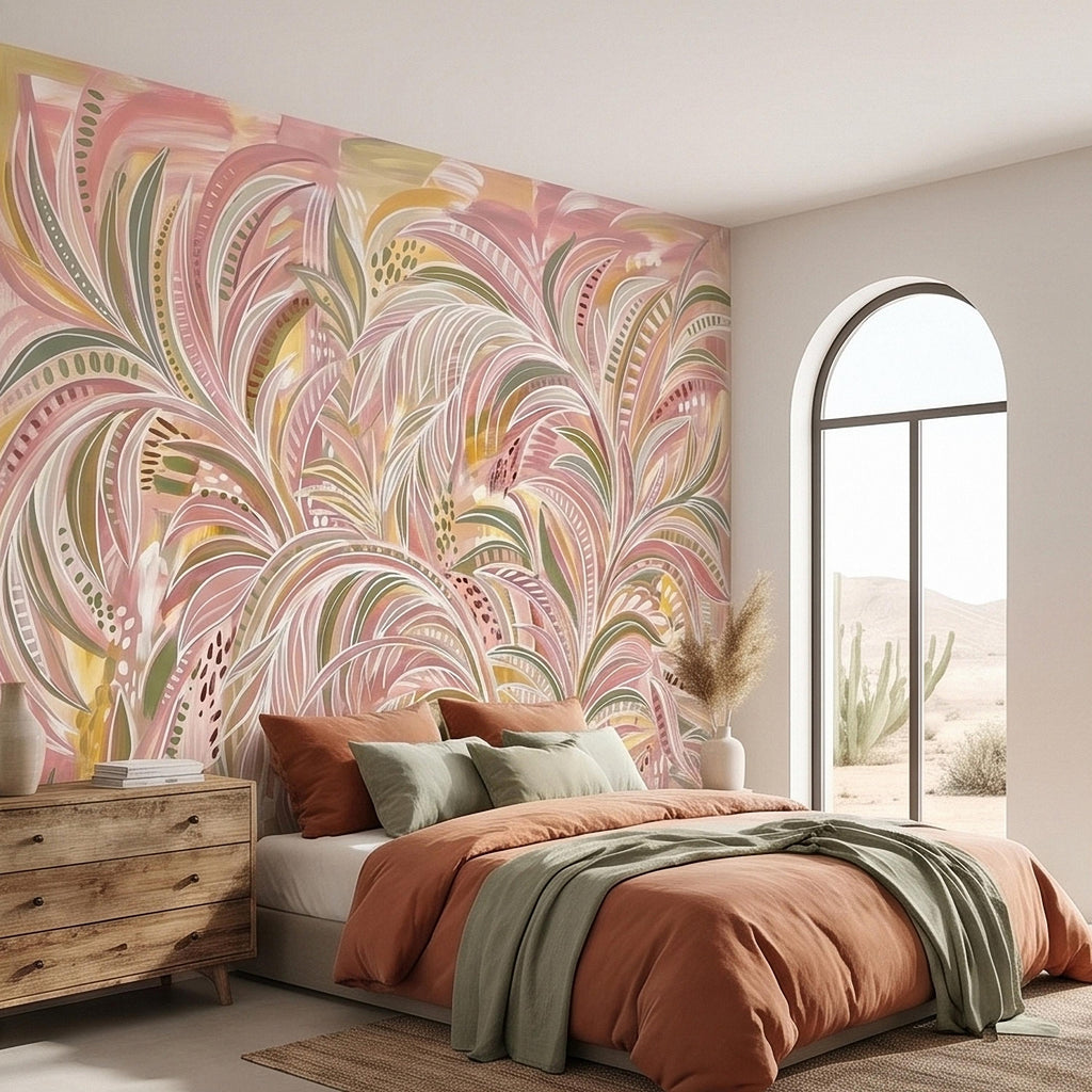 Blush Pink & Sage Green Palm Leaves Peel and Stick Wall Mural Pastel Tropical Hand Painted Watercolor Foliage Mod Boho Pattern Art Wallpaper