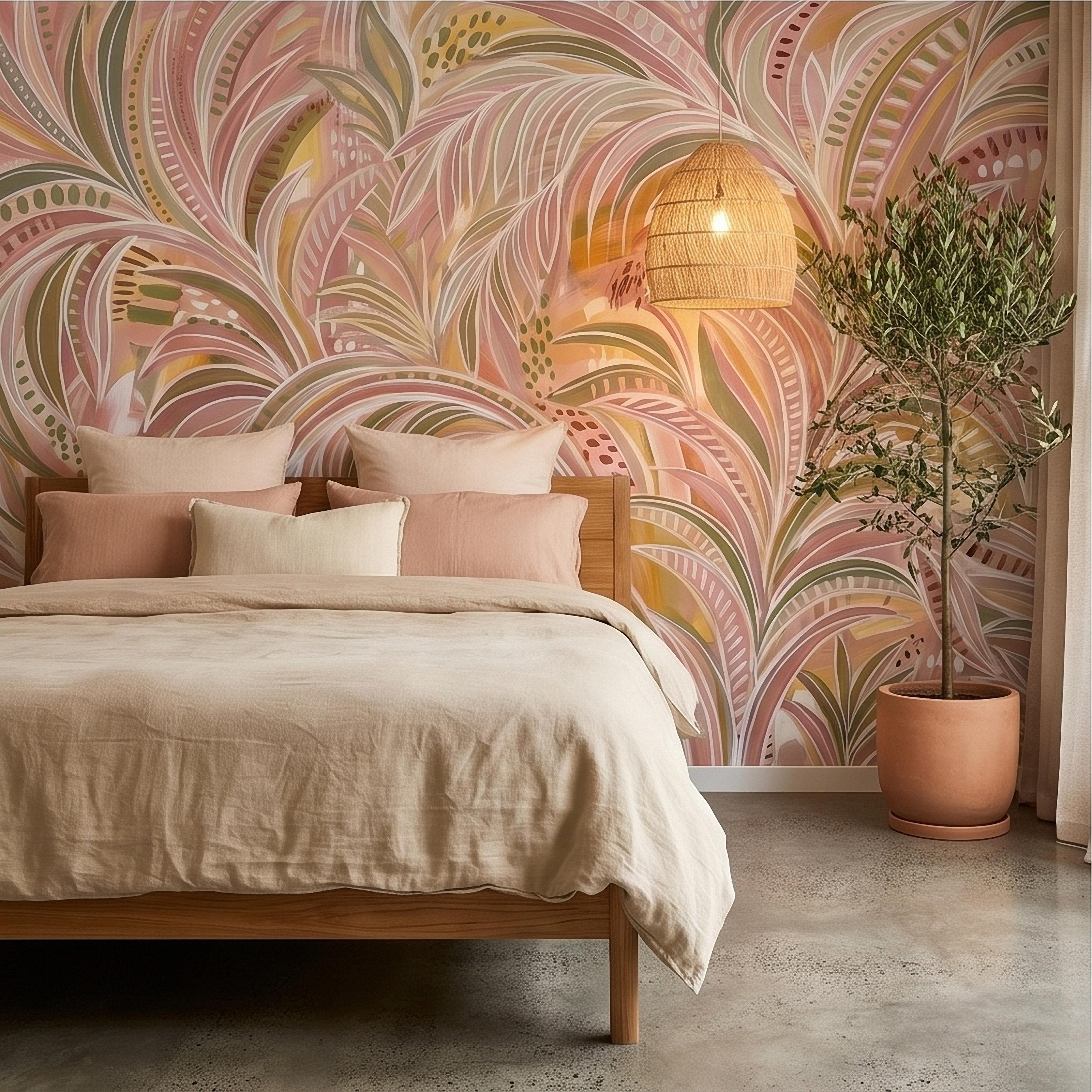 Blush Pink & Sage Green Palm Leaves Peel and Stick Wall Mural Pastel Tropical Hand Painted Watercolor Foliage Mod Boho Pattern Art Wallpaper