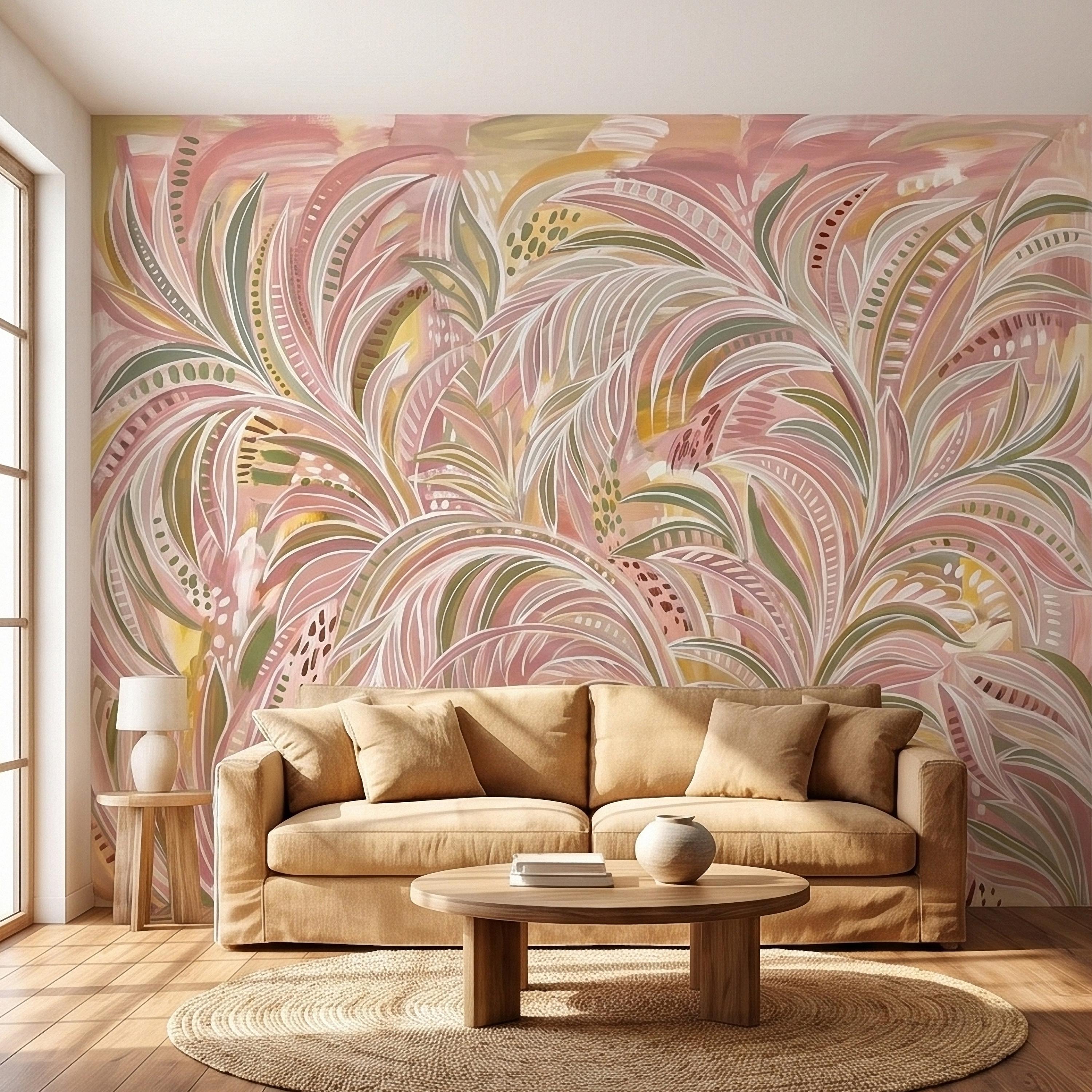 Blush Pink & Sage Green Palm Leaves Peel and Stick Wall Mural Pastel Tropical Hand Painted Watercolor Foliage Mod Boho Pattern Art Wallpaper