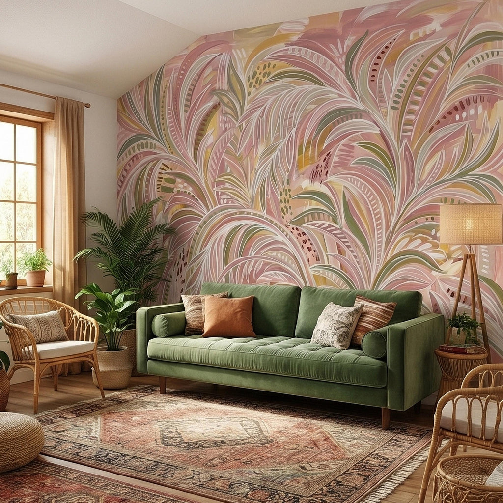 Blush Pink & Sage Green Palm Leaves Peel and Stick Wall Mural Pastel Tropical Hand Painted Watercolor Foliage Mod Boho Pattern Art Wallpaper