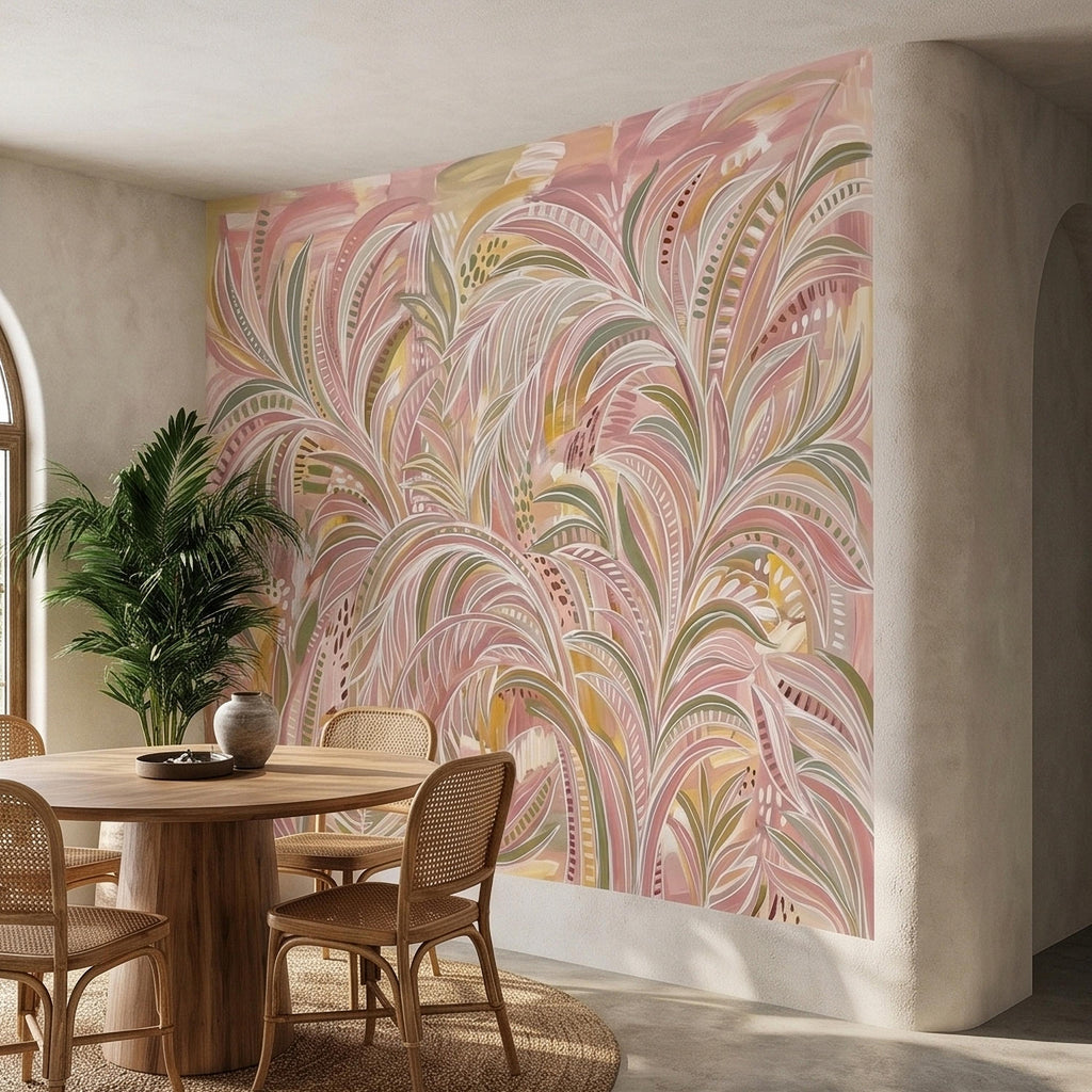 Blush Pink & Sage Green Palm Leaves Peel and Stick Wall Mural Pastel Tropical Hand Painted Watercolor Foliage Mod Boho Pattern Art Wallpaper