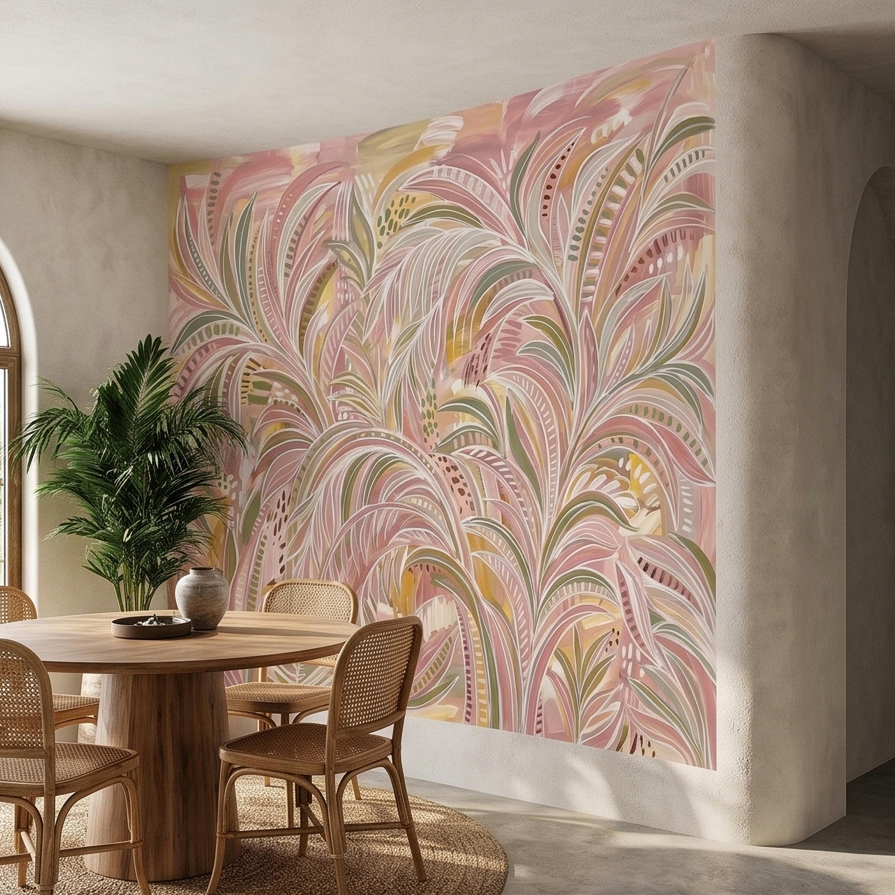 Blush Pink & Sage Green Palm Leaves Peel and Stick Wall Mural Pastel Tropical Hand Painted Watercolor Foliage Mod Boho Pattern Art Wallpaper