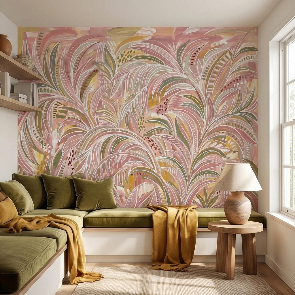 Blush Pink & Sage Green Palm Leaves Peel and Stick Wall Mural Pastel Tropical Hand Painted Watercolor Foliage Mod Boho Pattern Art Wallpaper