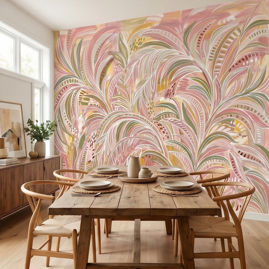 Blush Pink & Sage Green Palm Leaves Peel and Stick Wall Mural Pastel Tropical Hand Painted Watercolor Foliage Mod Boho Pattern Art Wallpaper