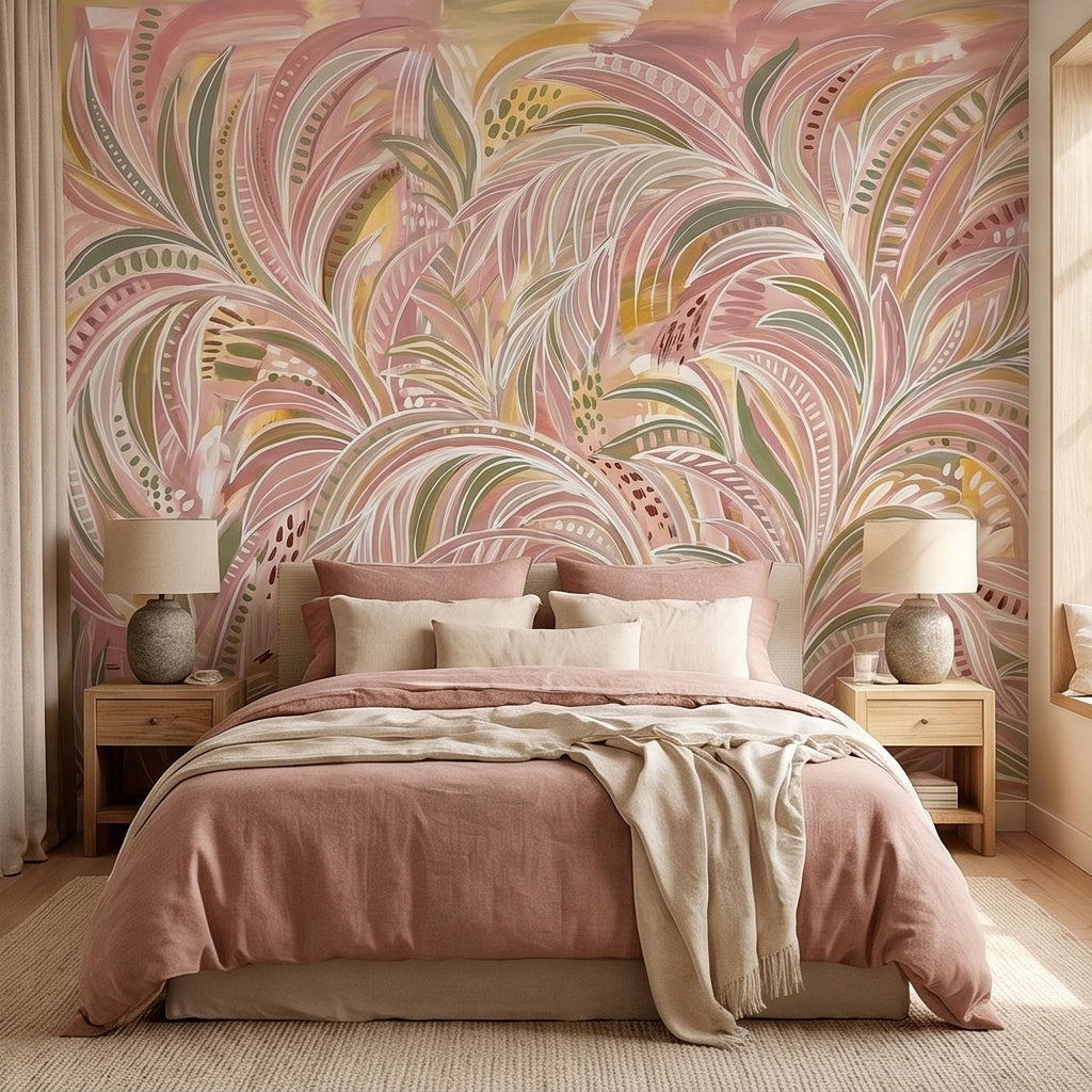 Blush Pink & Sage Green Palm Leaves Peel and Stick Wall Mural Pastel Tropical Hand Painted Watercolor Foliage Mod Boho Pattern Art Wallpaper