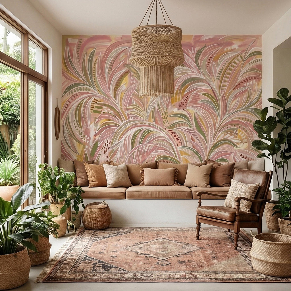 Blush Pink & Sage Green Palm Leaves Peel and Stick Wall Mural Pastel Tropical Hand Painted Watercolor Foliage Mod Boho Pattern Art Wallpaper