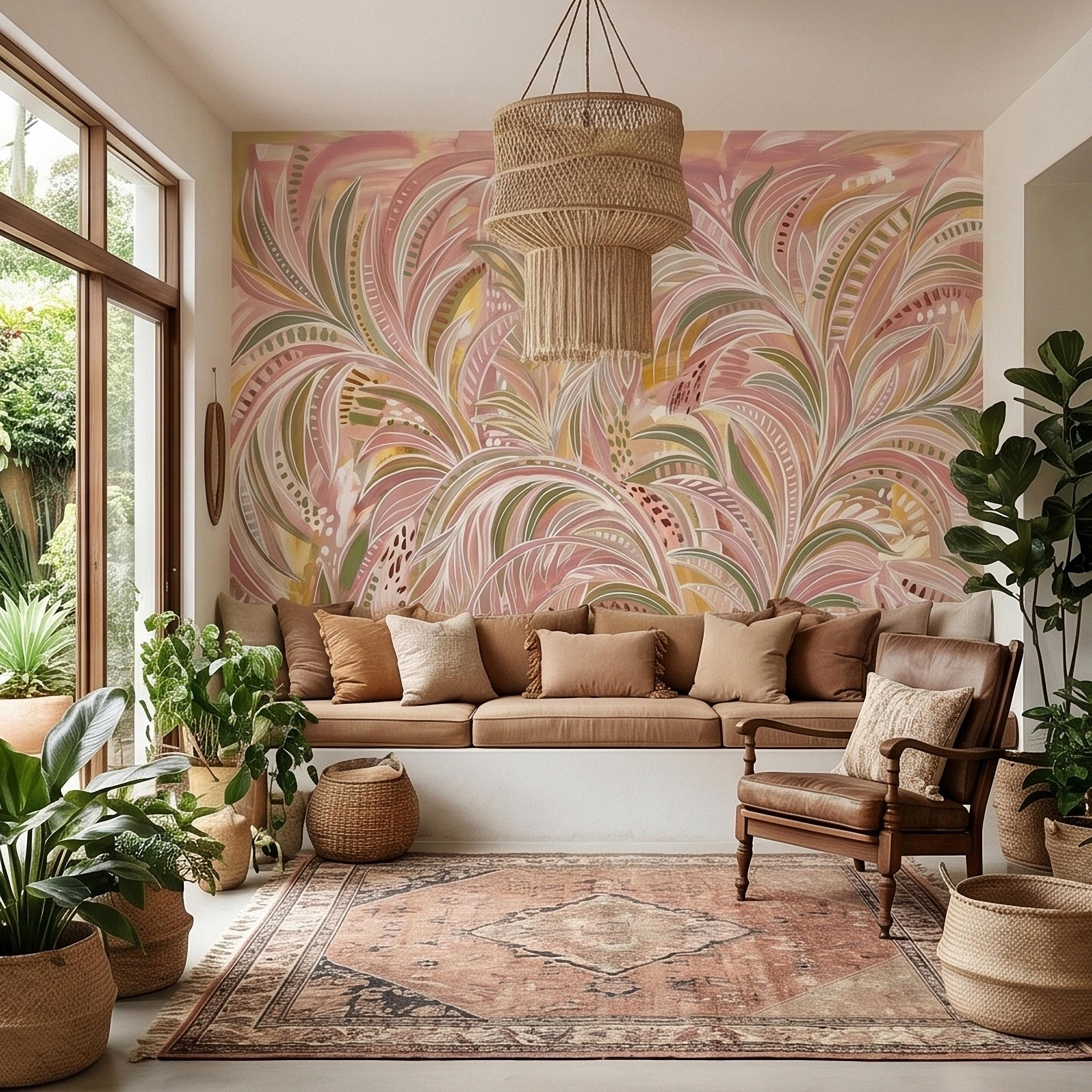 Blush Pink & Sage Green Palm Leaves Peel and Stick Wall Mural Pastel Tropical Hand Painted Watercolor Foliage Mod Boho Pattern Art Wallpaper