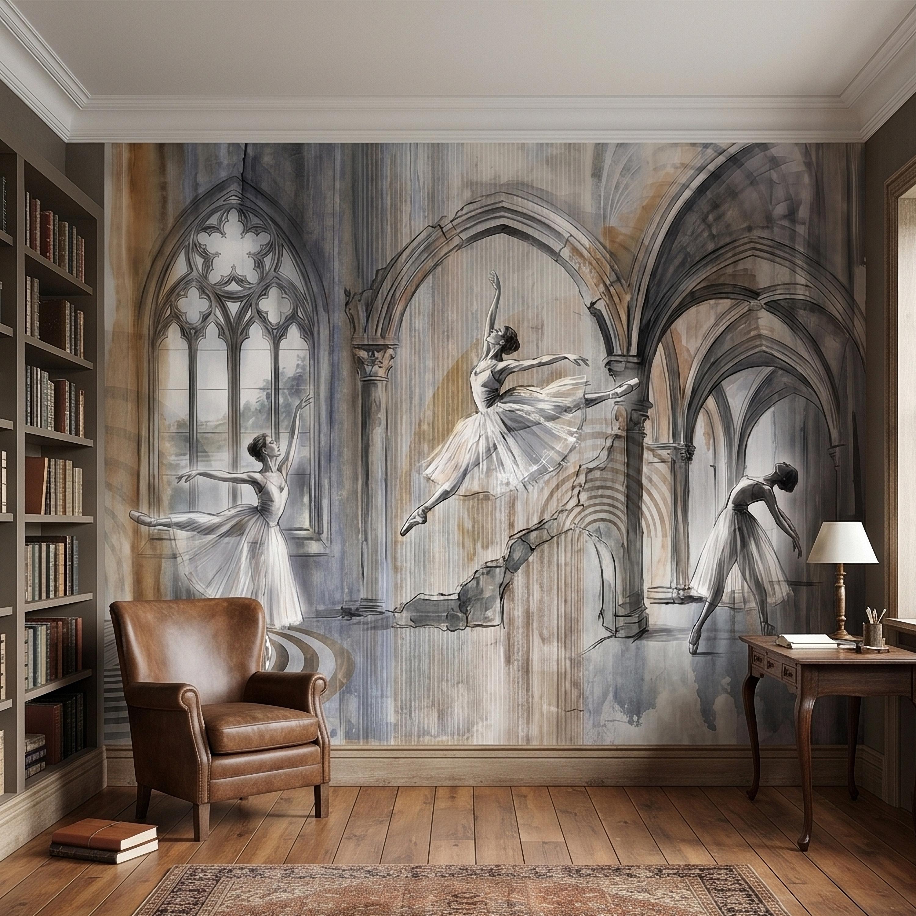 Ballet Dancers Peel and Stick Wall Mural, Watercolor Ballerina Sketch Gothic Arches Ballroom Scene Neutral Gray Beige Dance Studio Wallpaper