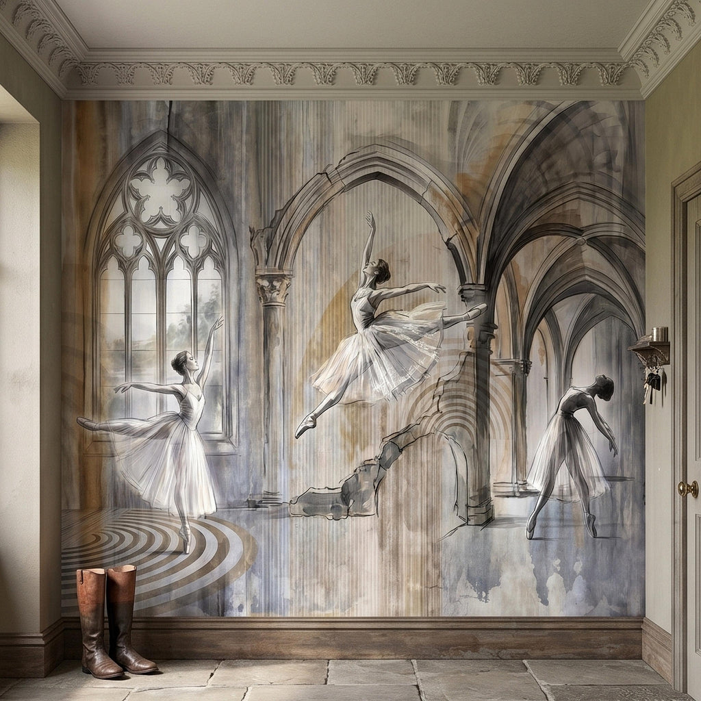 Ballet Dancers Peel and Stick Wall Mural, Watercolor Ballerina Sketch Gothic Arches Ballroom Scene Neutral Gray Beige Dance Studio Wallpaper