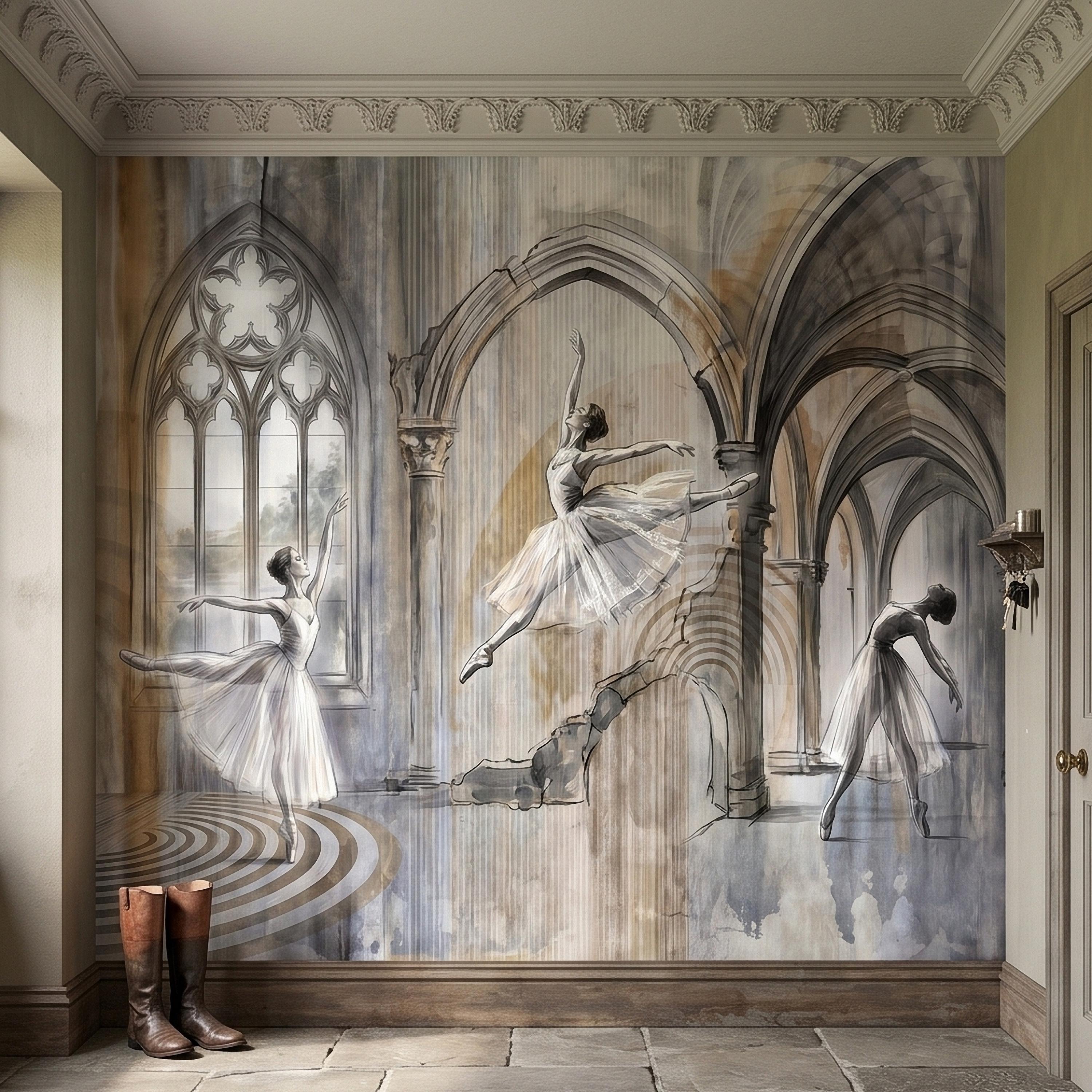 Ballet Dancers Peel and Stick Wall Mural, Watercolor Ballerina Sketch Gothic Arches Ballroom Scene Neutral Gray Beige Dance Studio Wallpaper