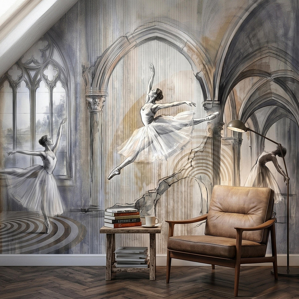 Ballet Dancers Peel and Stick Wall Mural, Watercolor Ballerina Sketch Gothic Arches Ballroom Scene Neutral Gray Beige Dance Studio Wallpaper