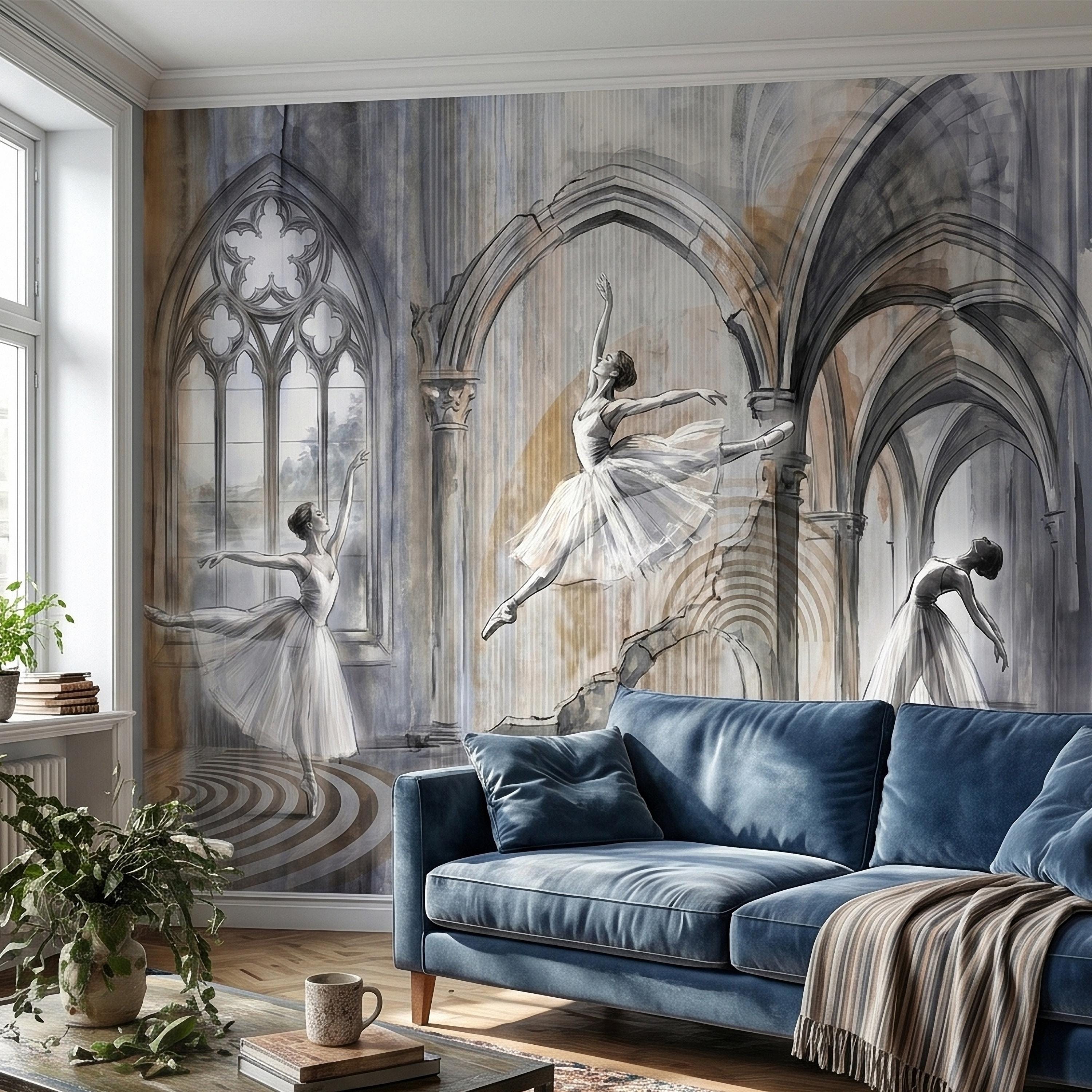 Ballet Dancers Peel and Stick Wall Mural, Watercolor Ballerina Sketch Gothic Arches Ballroom Scene Neutral Gray Beige Dance Studio Wallpaper