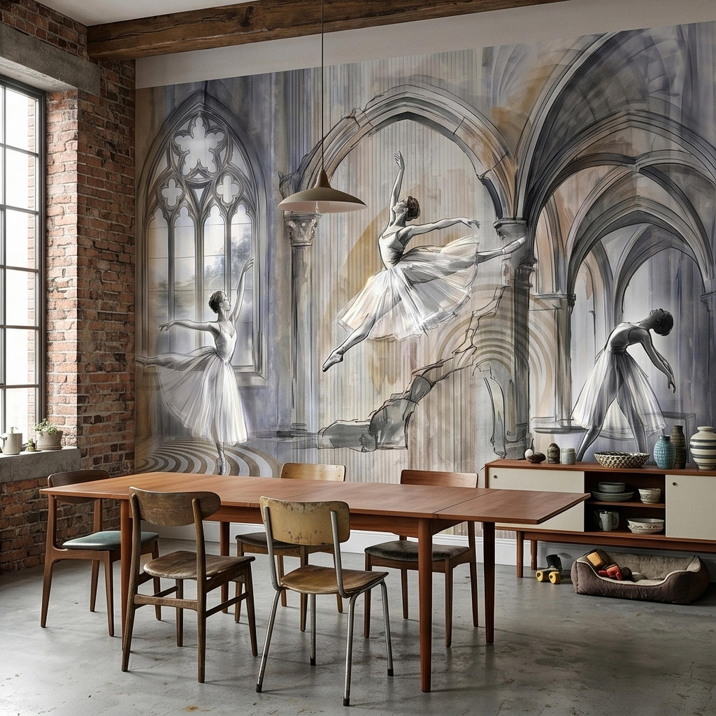 Ballet Dancers Peel and Stick Wall Mural, Watercolor Ballerina Sketch Gothic Arches Ballroom Scene Neutral Gray Beige Dance Studio Wallpaper